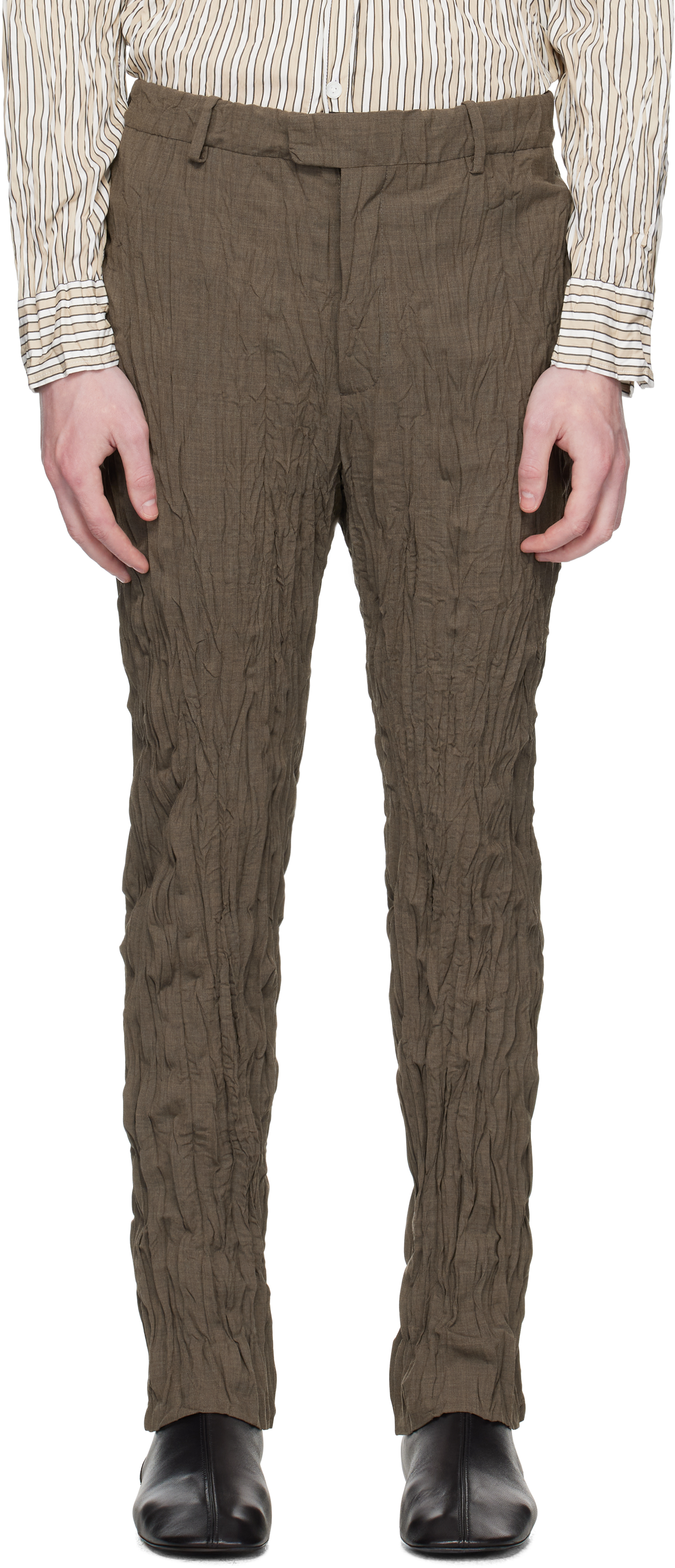 Brown Crushed Wool Slim Trousers