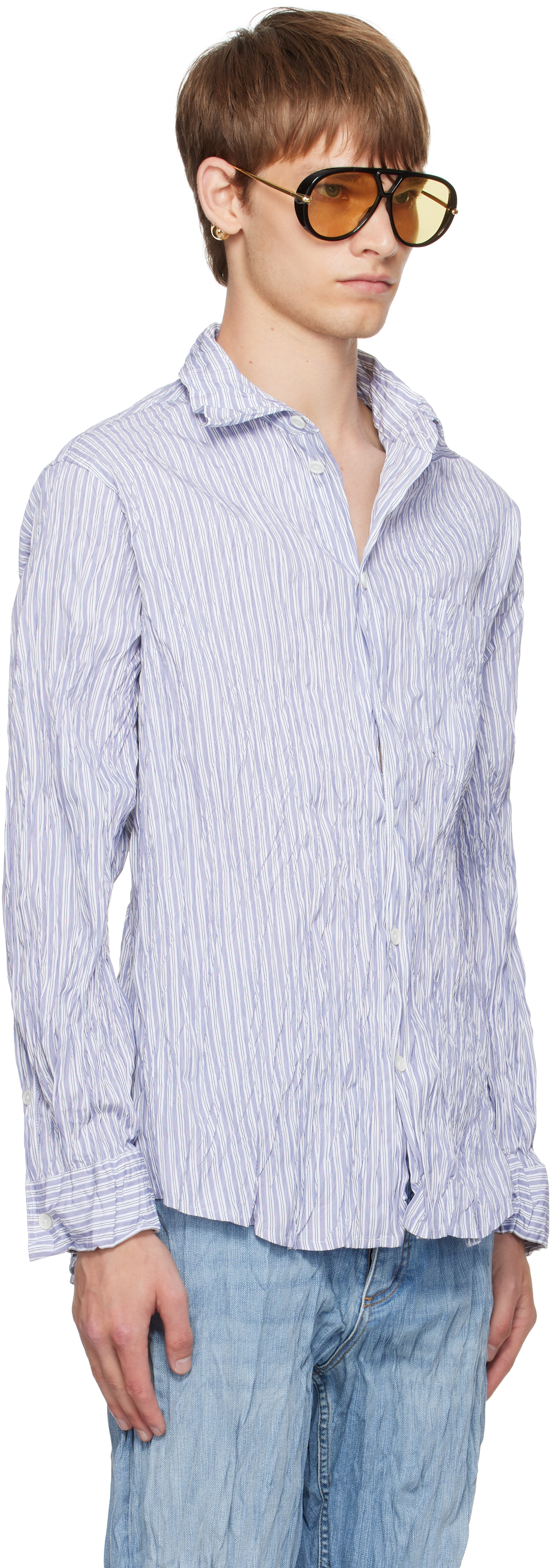 Bottega Veneta White & Navy Crushed Cotton Striped Shirt In Blue