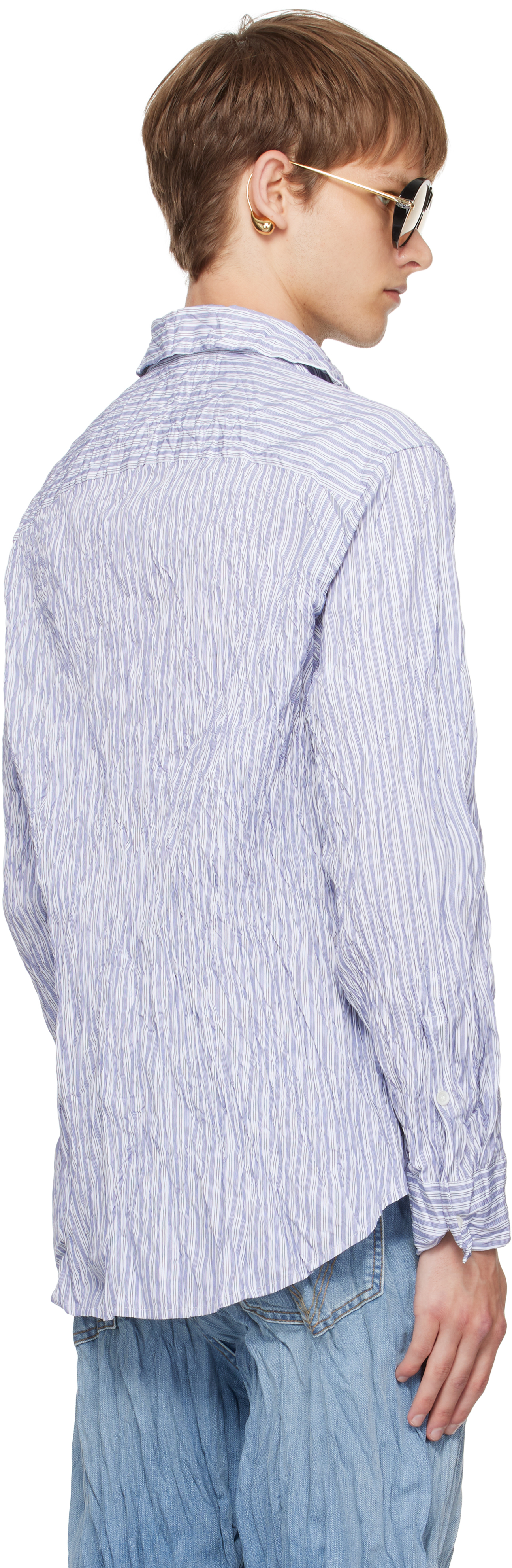 Bottega Veneta White & Navy Crushed Cotton Striped Shirt In Blue