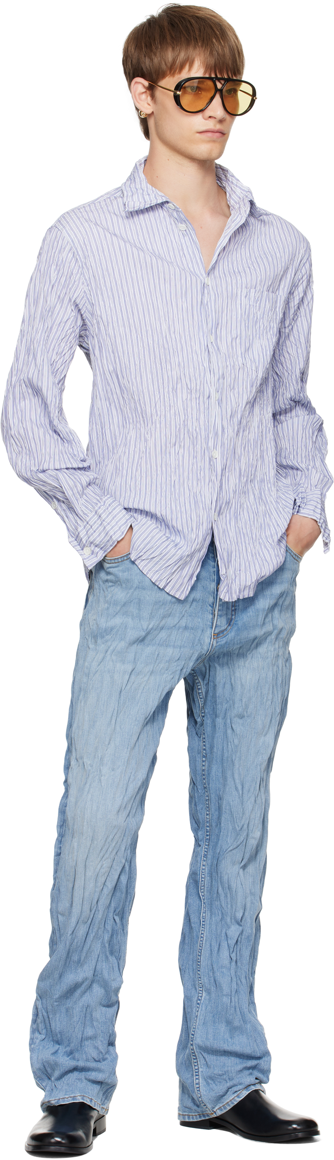 Bottega Veneta White & Navy Crushed Cotton Striped Shirt In Blue