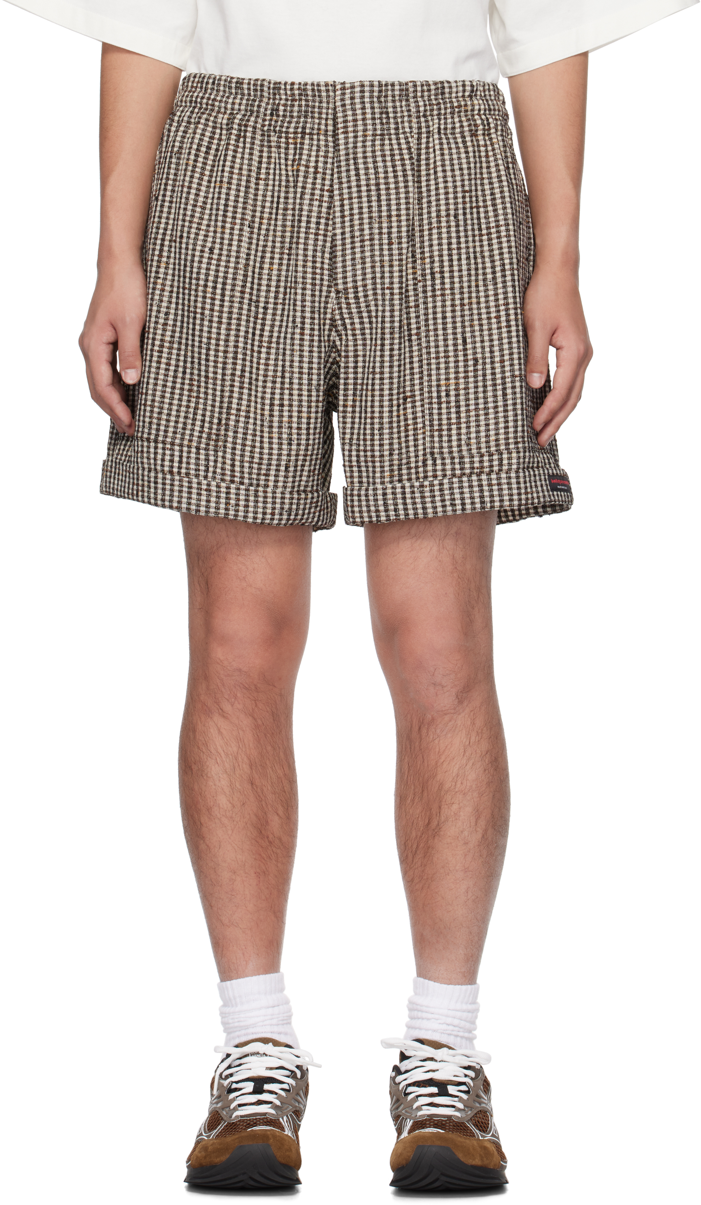 Brown & White Knotted Viscose Mini Check Shorts