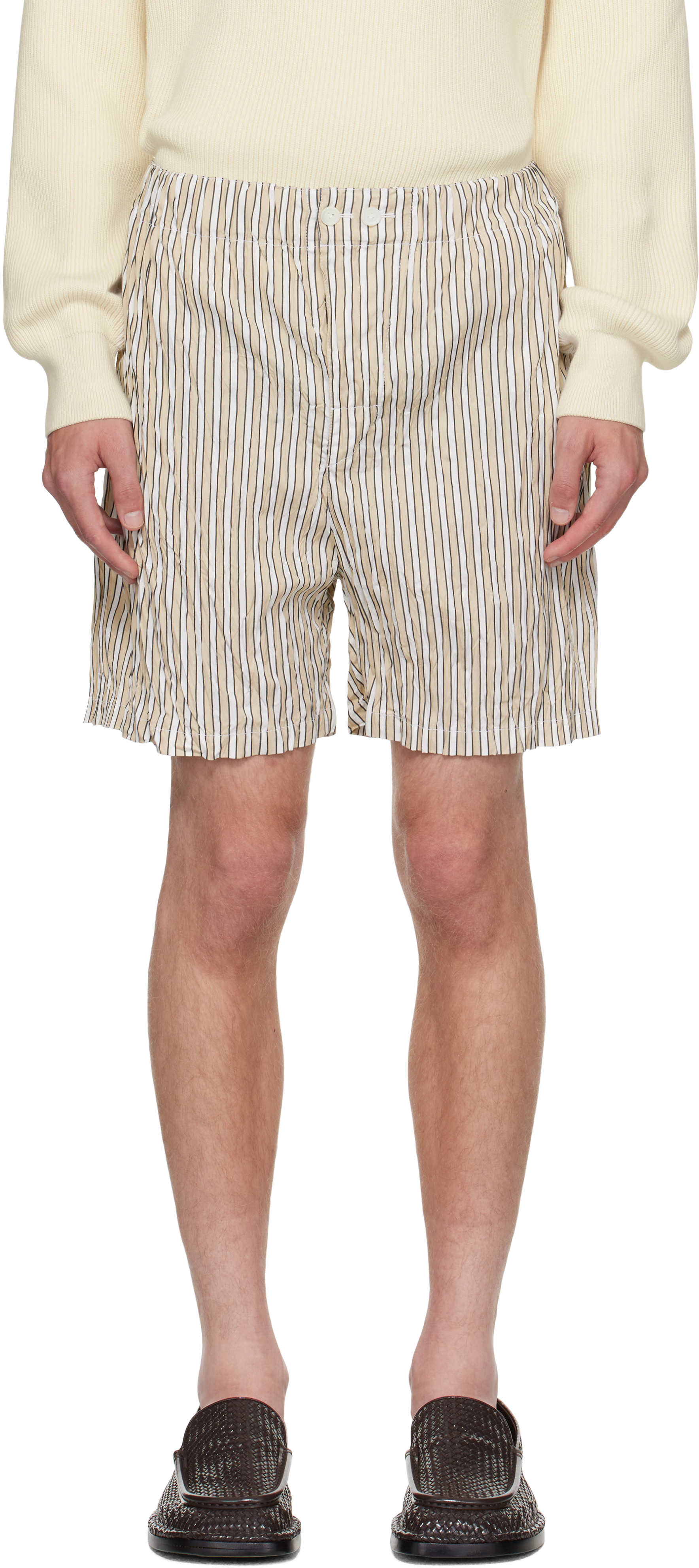Bottega Veneta Crushed Tech Cotton Stripe Shorts In Neutral