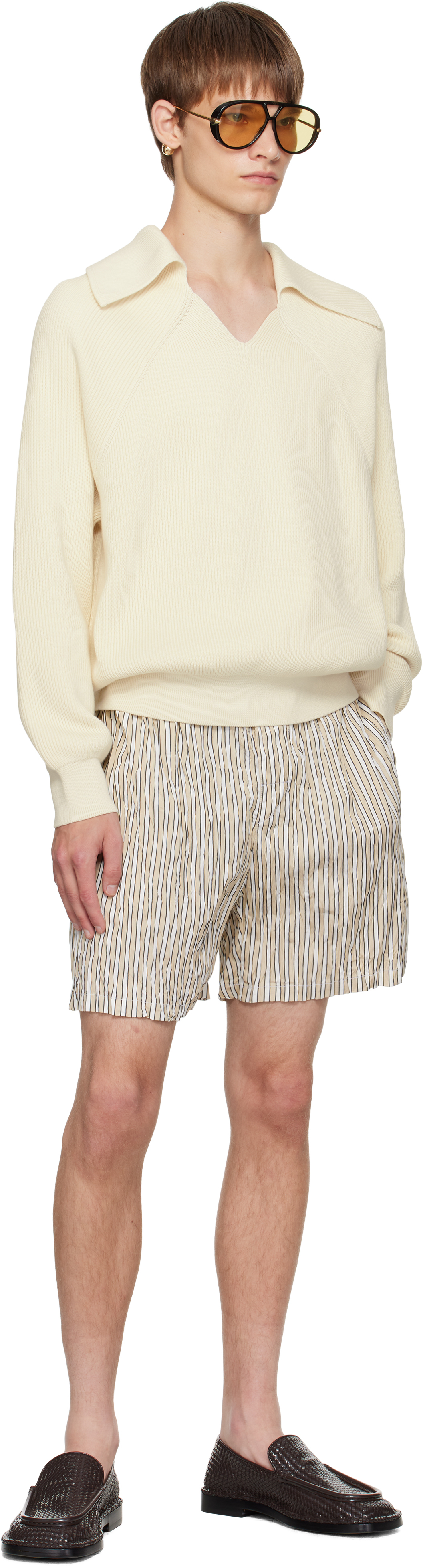 Bottega Veneta Crushed Tech Cotton Stripe Shorts In Neutral