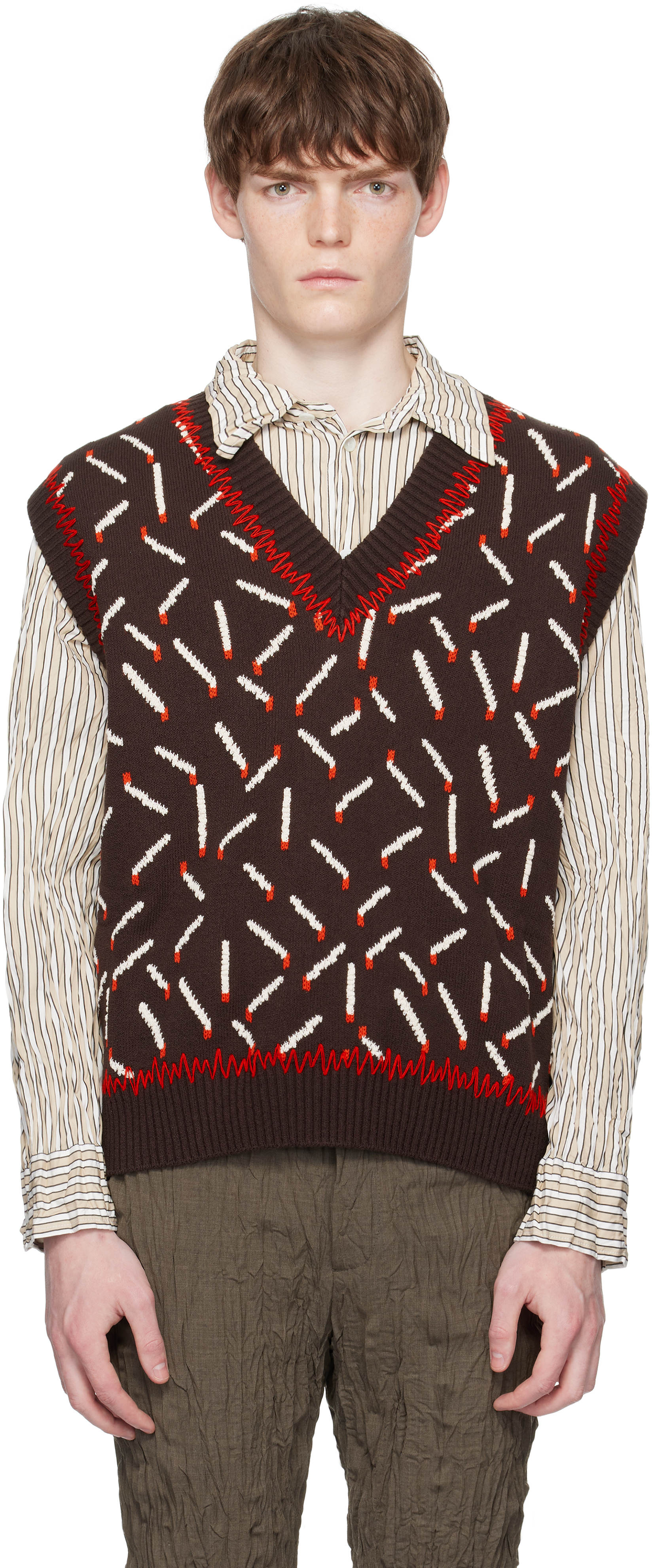 Brown Cotton Jacquard Matches Vest