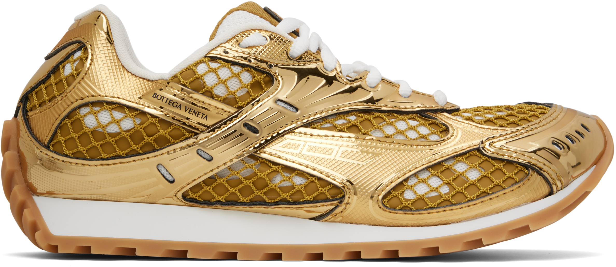 新作【Bottega Veneta】Orbit ランナースニーカー、ゴールド Bottega Veneta: Gold Orbit Sneakers | SSENSE