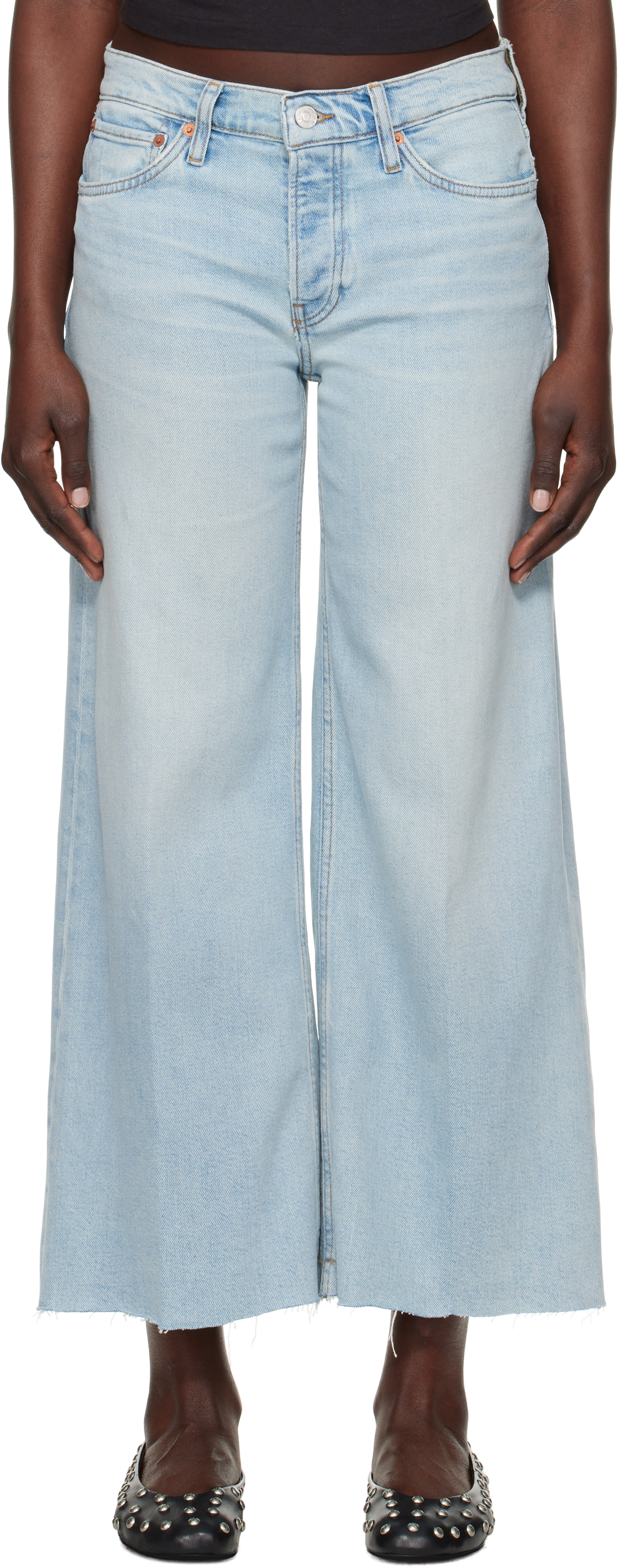 Blue Comfort Stretch Mid Rise Wide Leg Crop Jeans