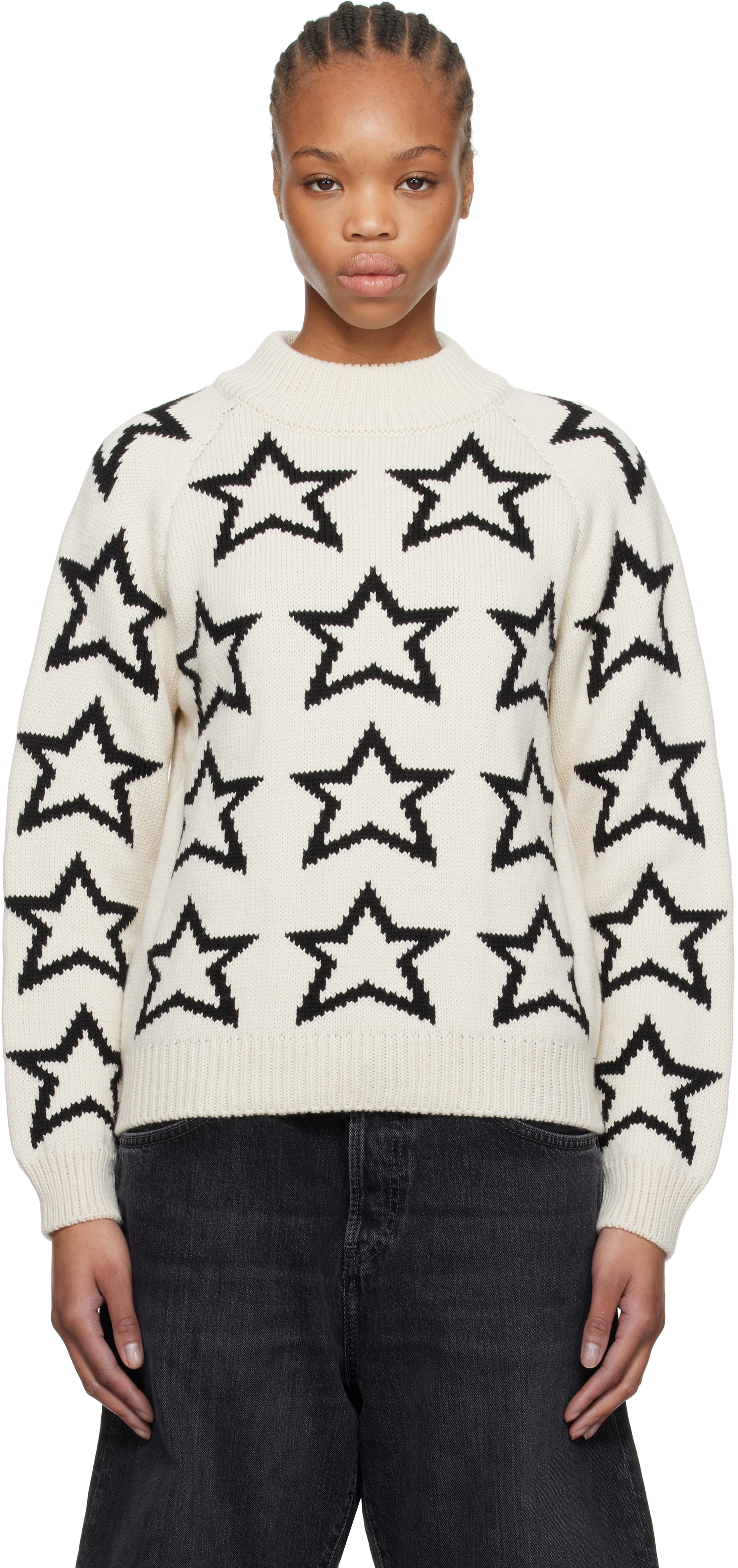 Beige 
Black Mock Neck Star Sweater