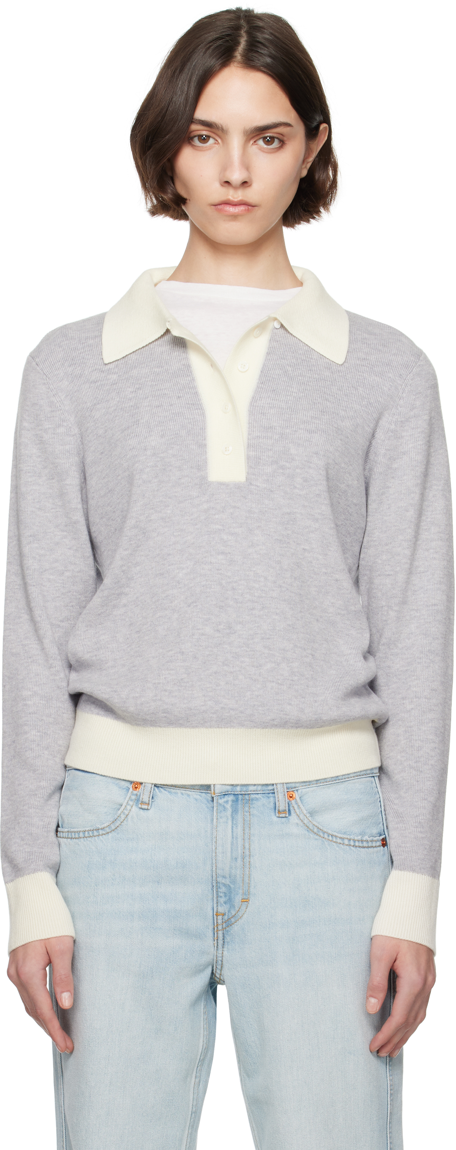 Re/done Long-sleeved Polo Shirt In Grey With Vintage Wh