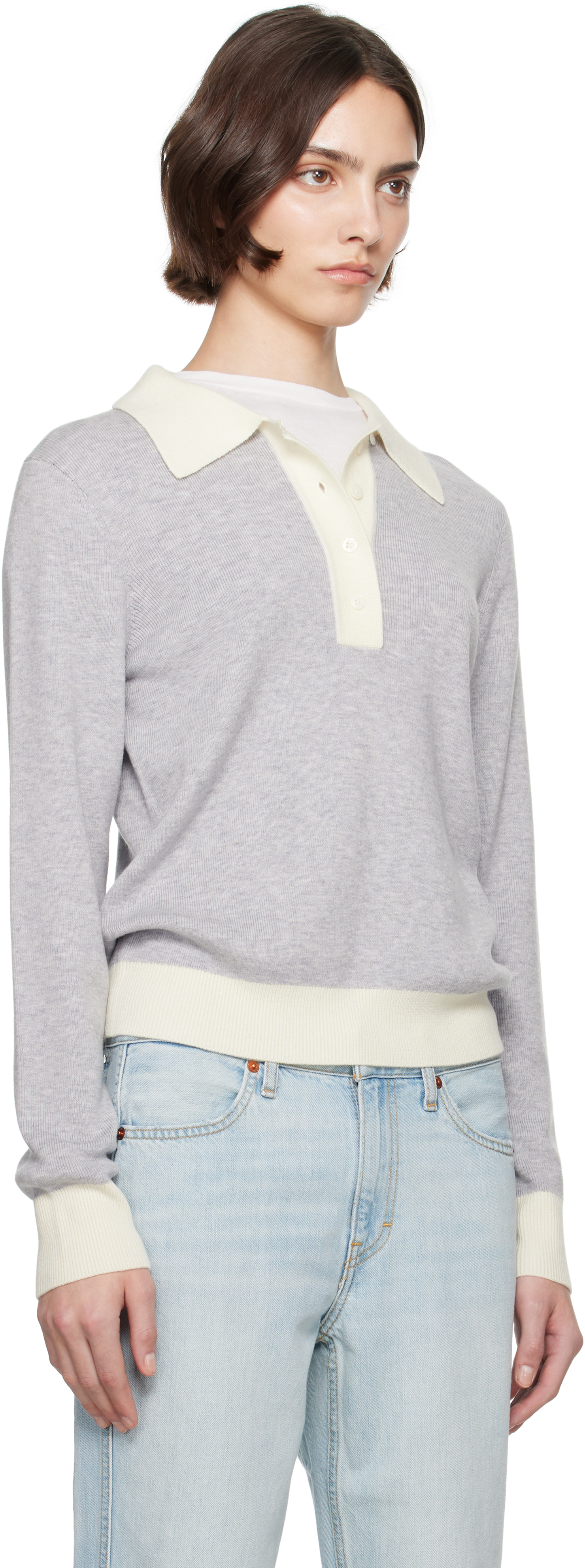 Re/done Long-sleeved Polo Shirt In Grey With Vintage Wh