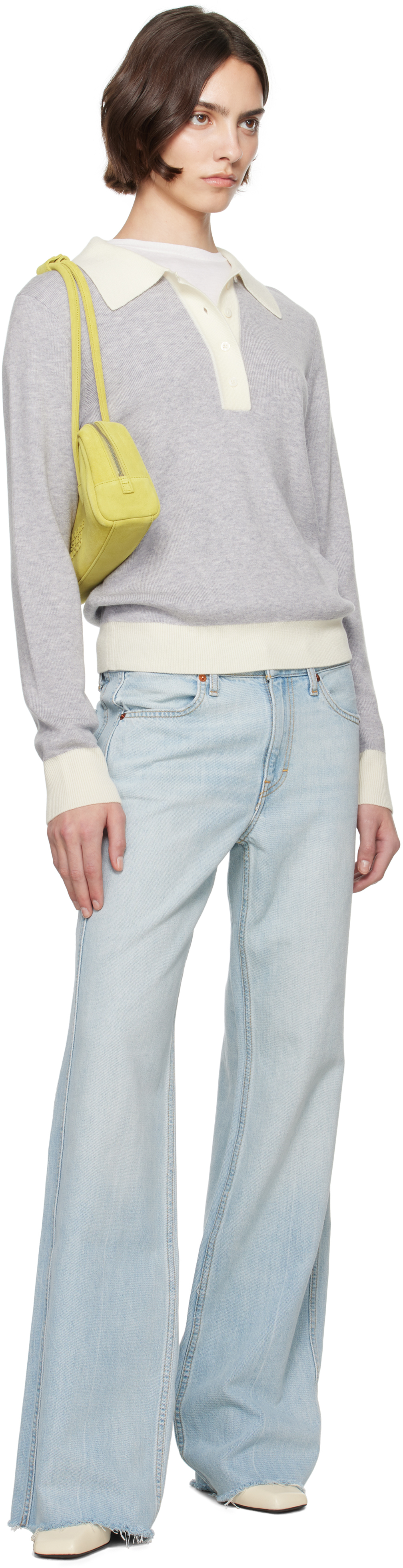 Re/done Long-sleeved Polo Shirt In Grey With Vintage Wh