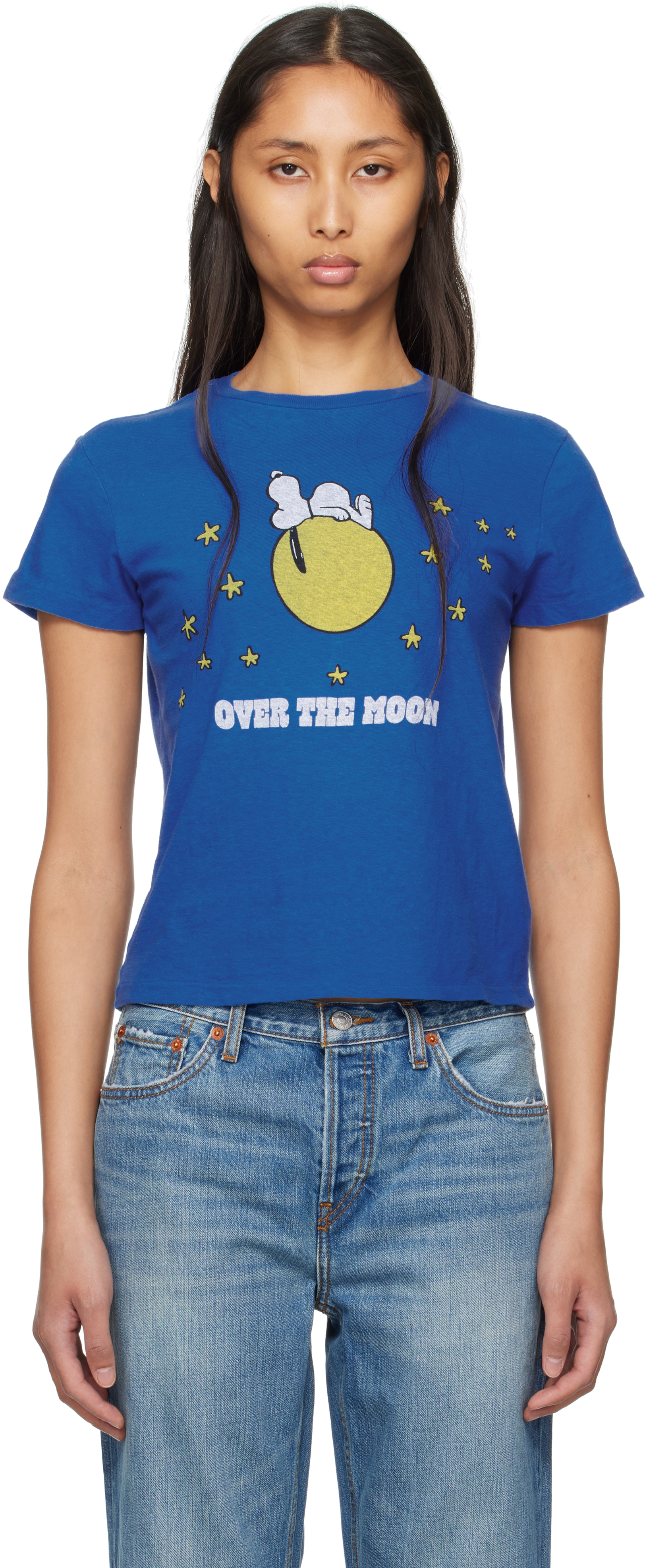 Re/done Blue Classic 'snoopy Moon' T-shirt