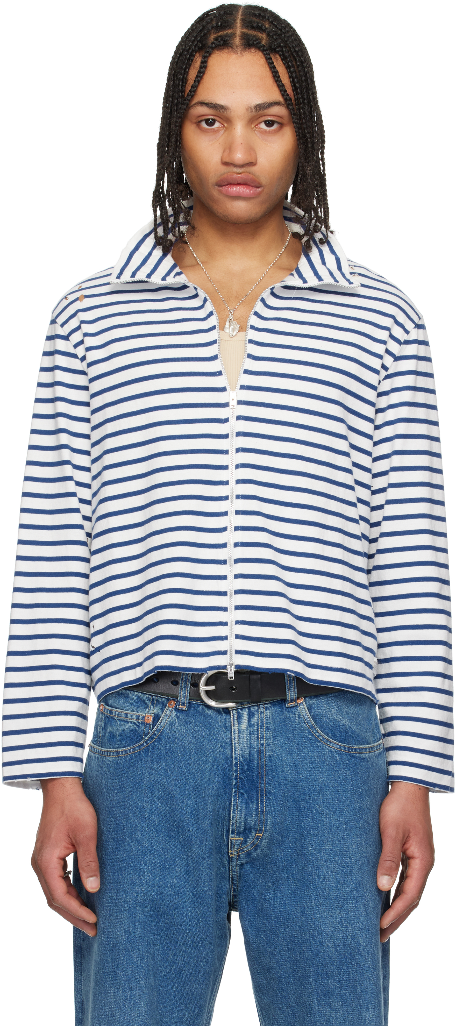 Our Legacy White & Blue Shrunken Fullzip Sweater In Genova Stripe Rough