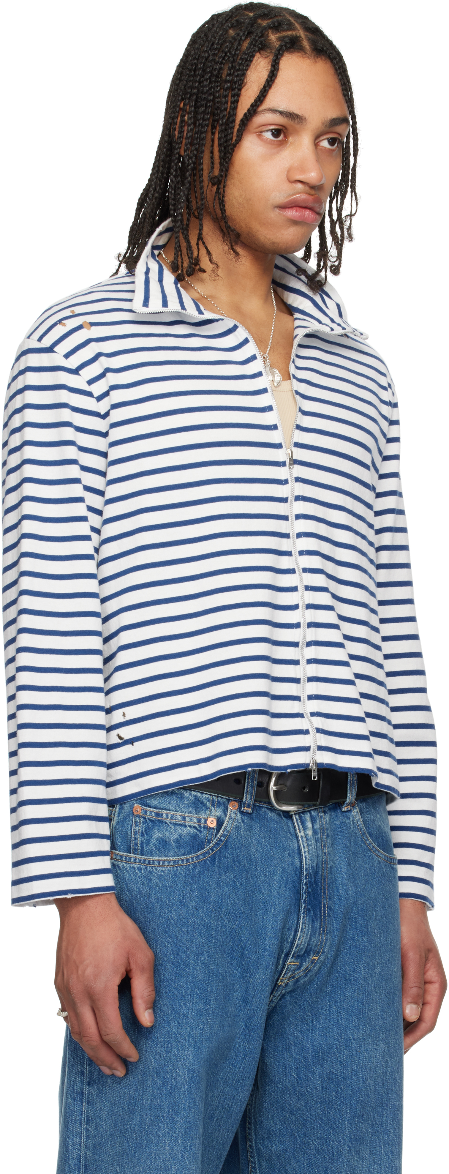 Our Legacy White & Blue Shrunken Fullzip Sweater In Genova Stripe Rough
