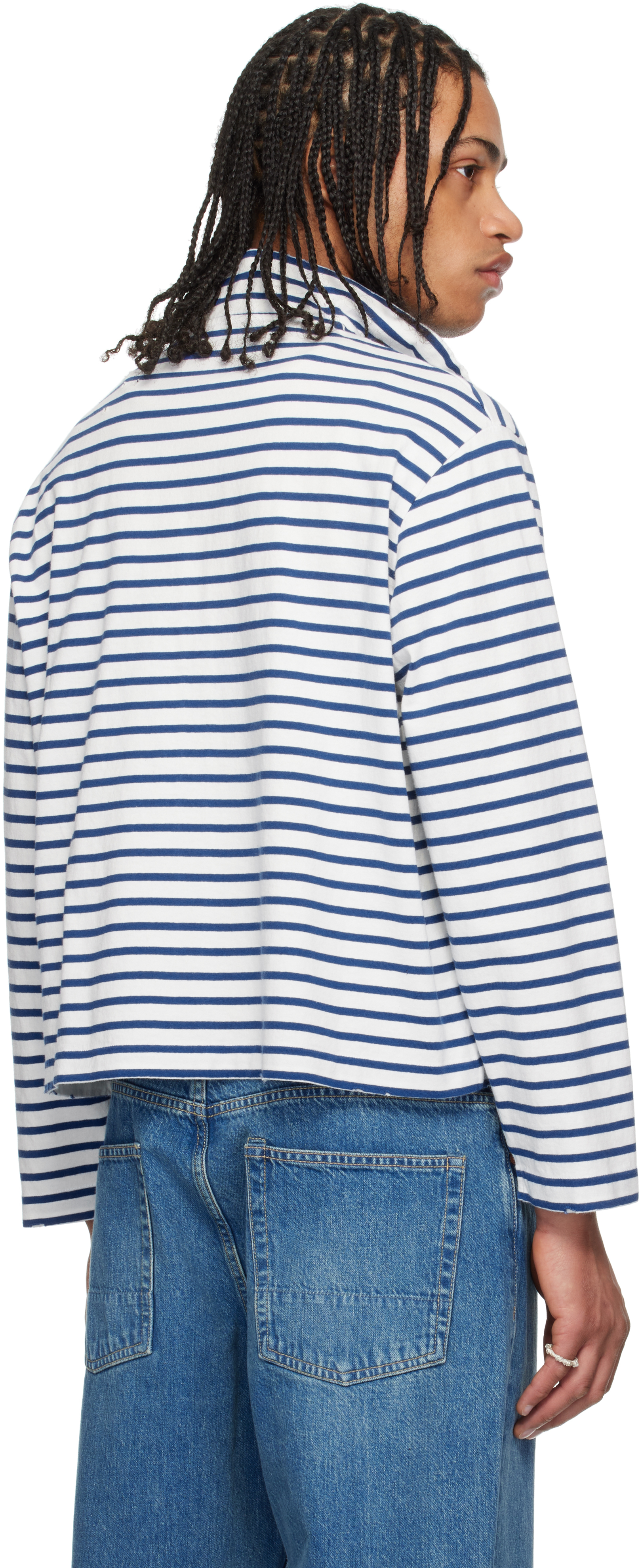 Our Legacy White & Blue Shrunken Fullzip Sweater In Genova Stripe Rough