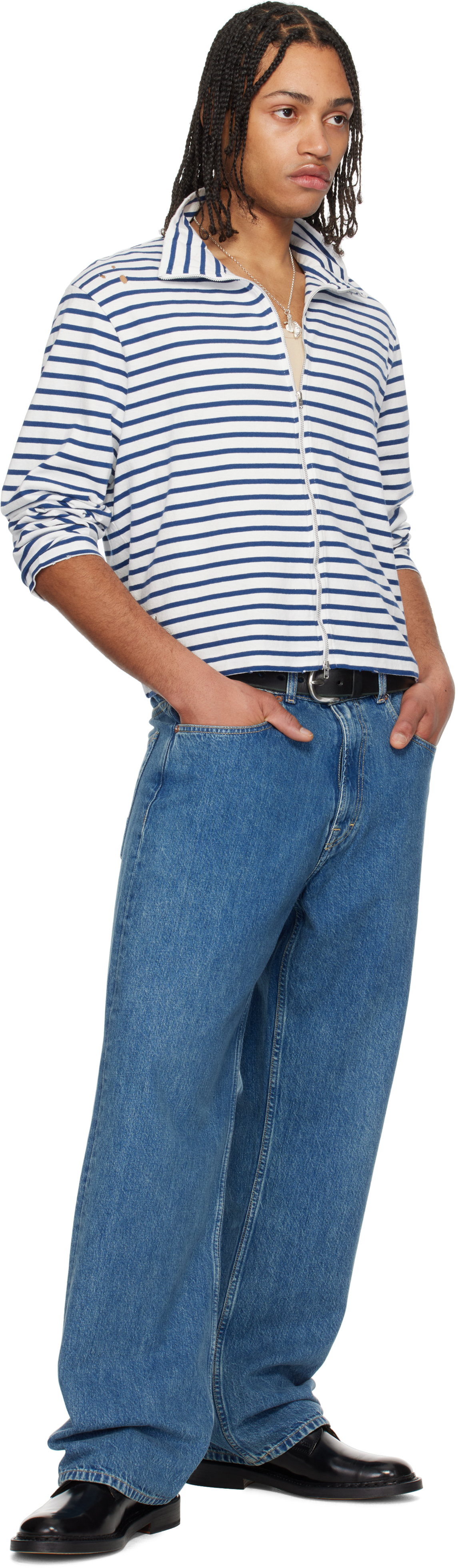 Our Legacy White & Blue Shrunken Fullzip Sweater In Genova Stripe Rough