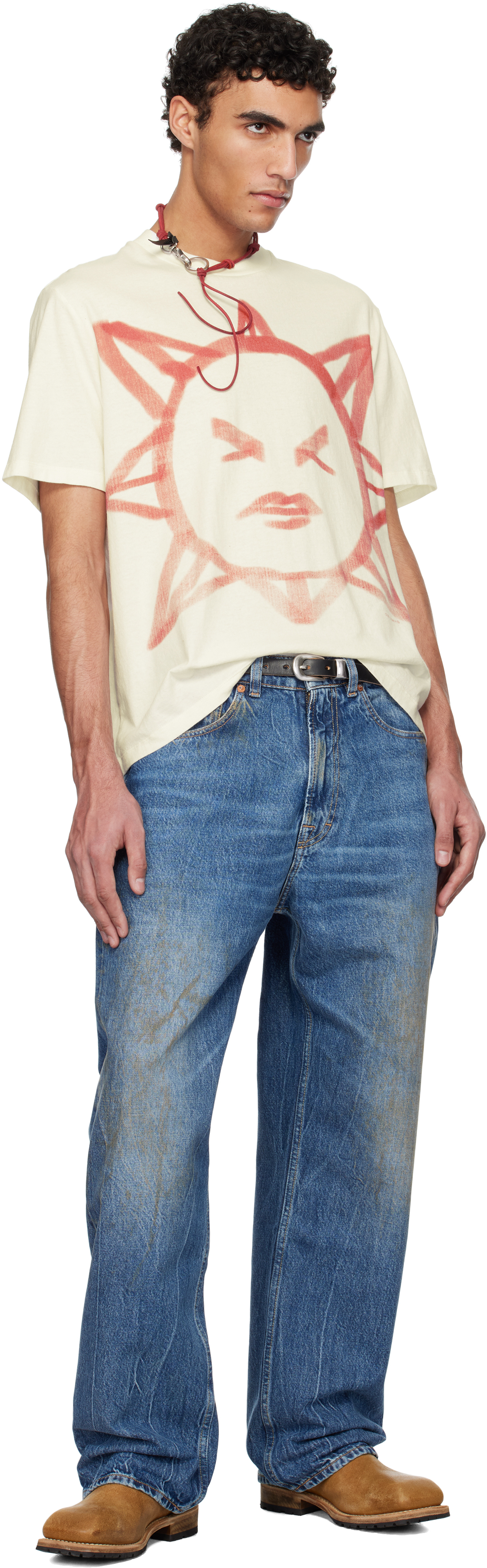 Our Legacy Box T-shirt Off White Cotton T-shirt With Graphic Sun Print - Box T-shirt In Squinting Sun Legacy