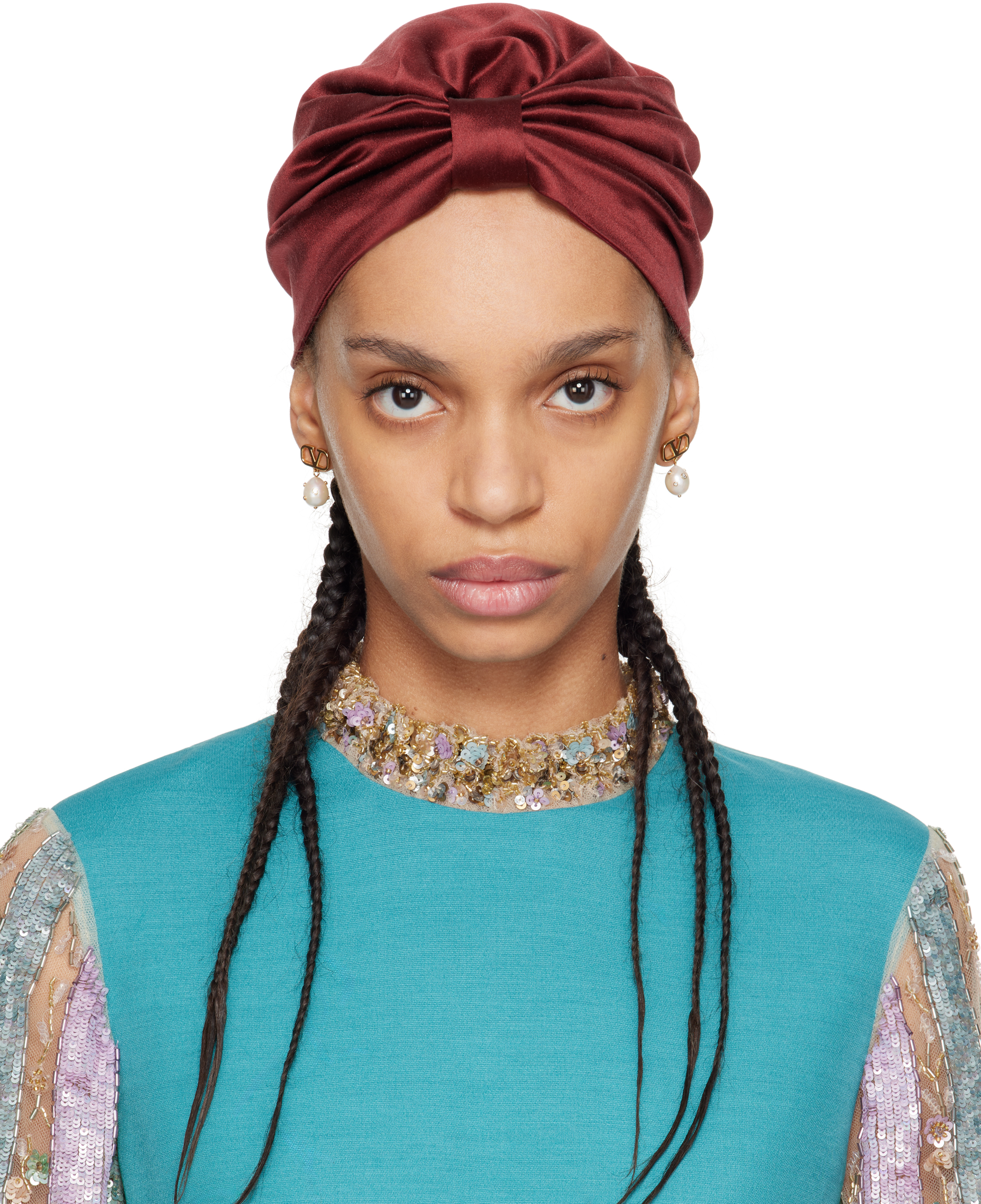 Valentino Red Silk Turban Headband In Cxb Cassis/oro