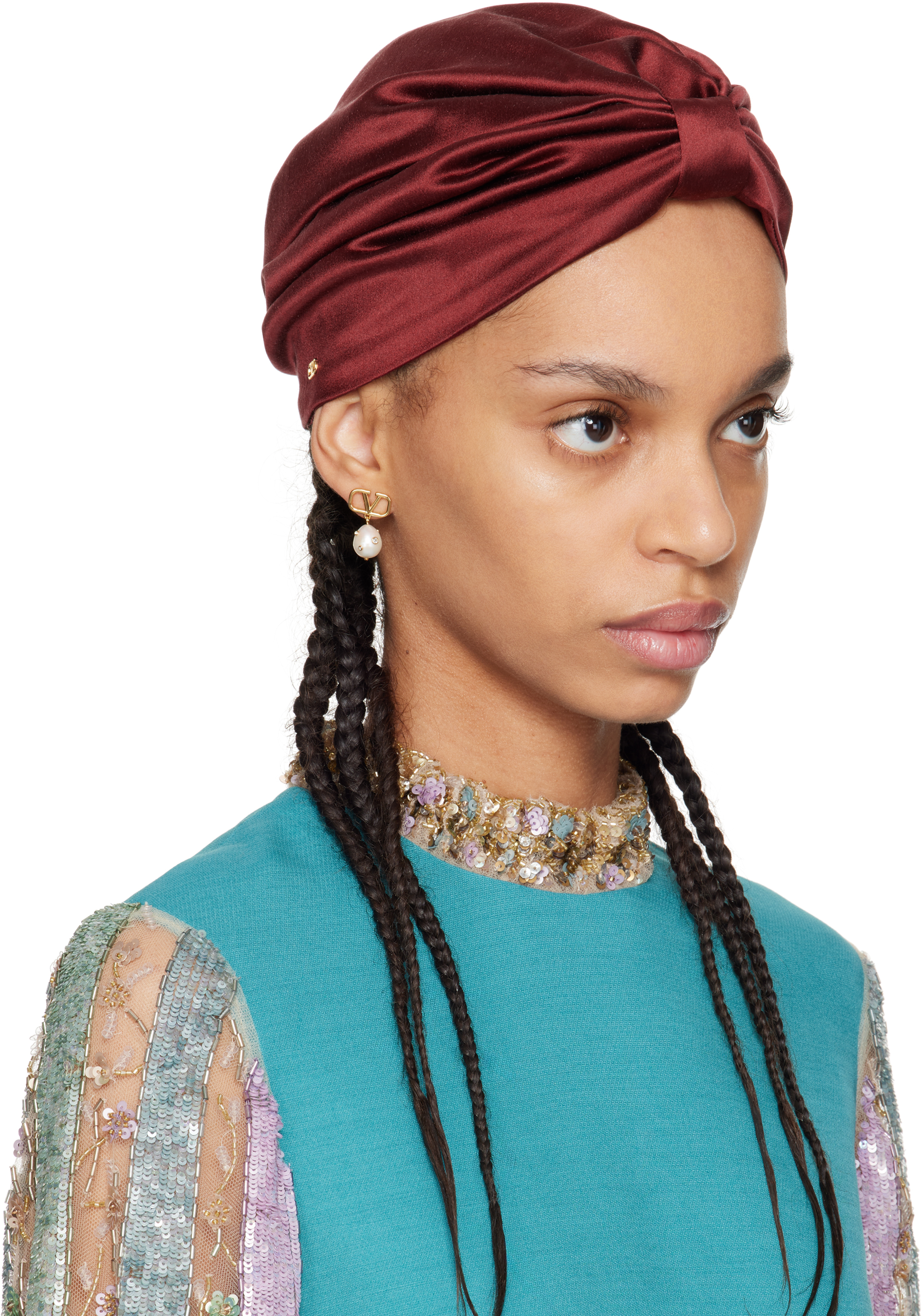 Valentino Red Silk Turban Headband In Cxb Cassis/oro