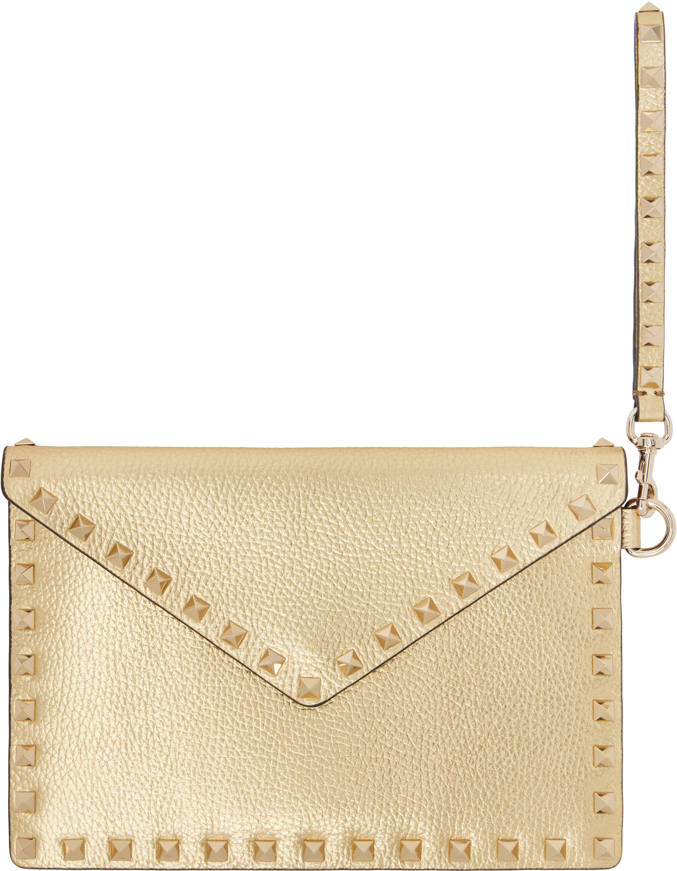 Gold Rockstud Laminated Grainy Calfskin Pouch