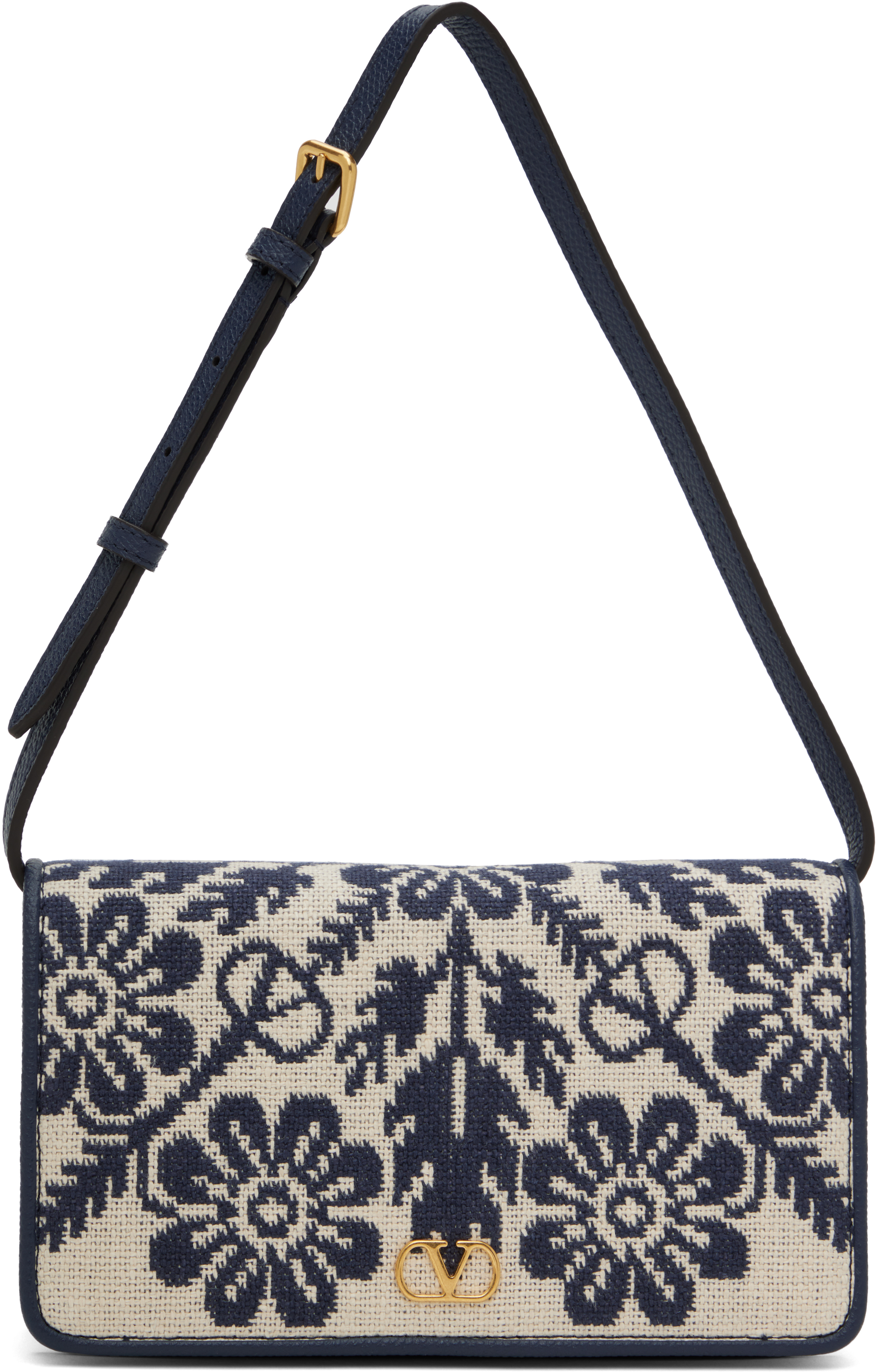 Beige & Navy VLogo Signature Jacquard Flowers Bag