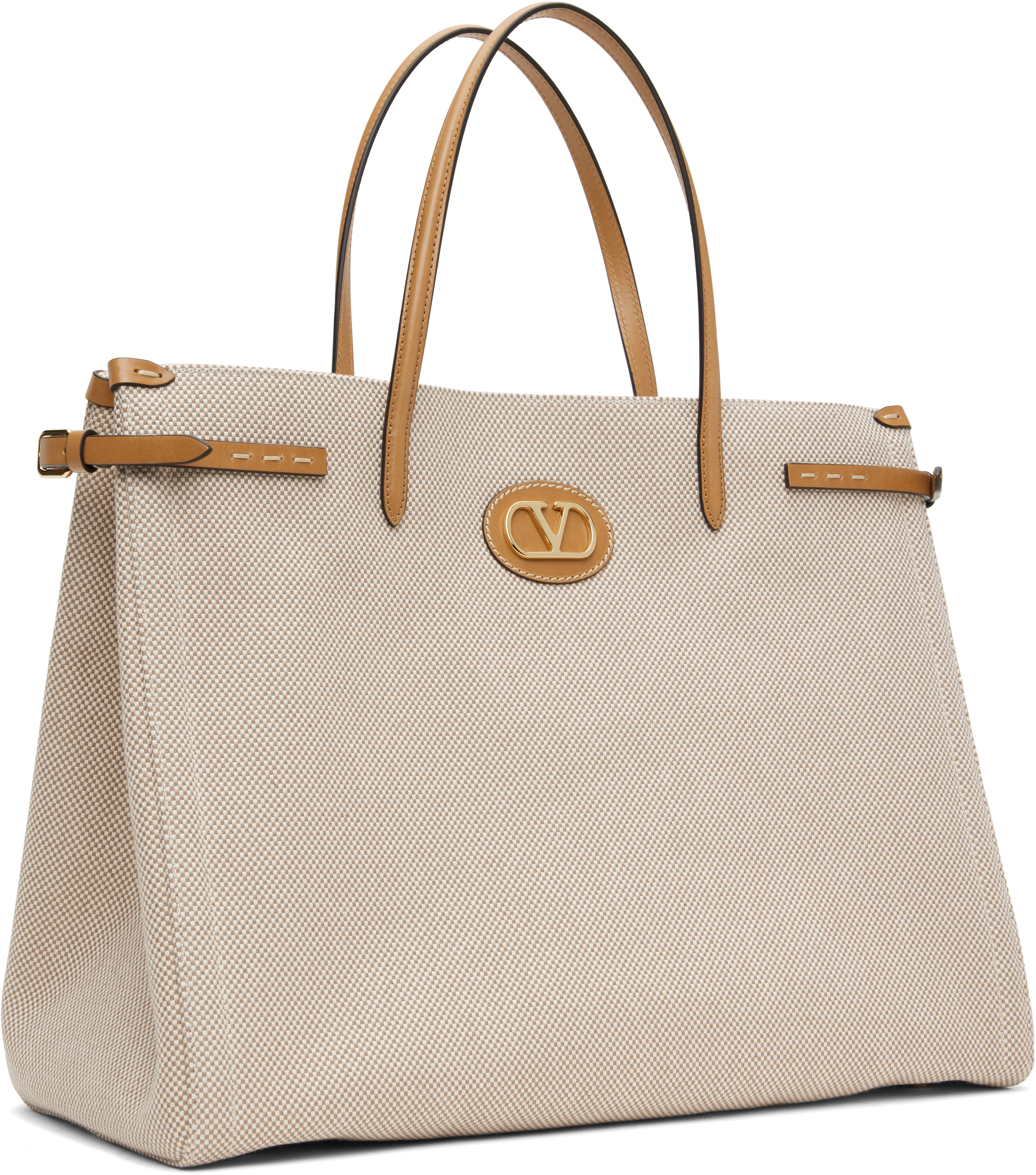Valentino Off-white & Brown Antibes Large Canvas Shopping Tote In R2h Naturale-tobacco