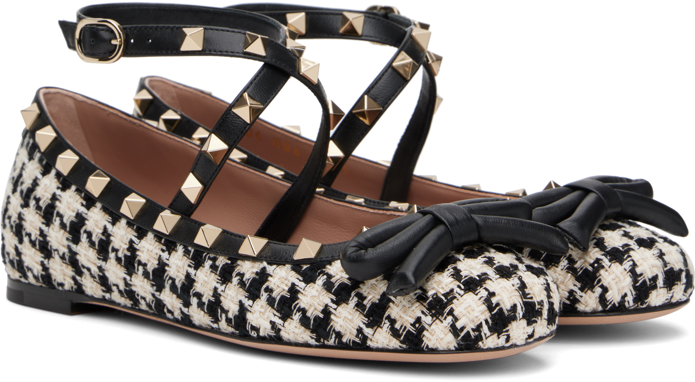 Valentino Mesh Rockstud Embellished Pointed Toe Ballerinas In 9tb Latte-nero/nero
