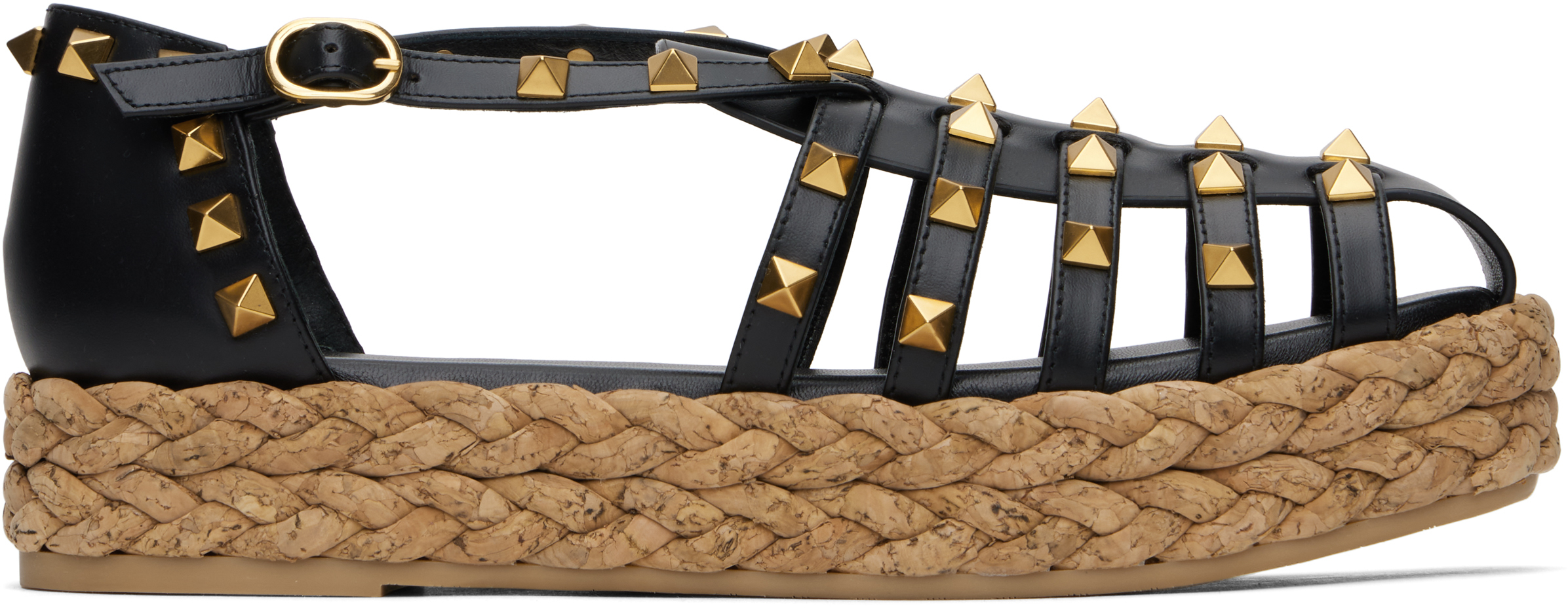 VALENTINO GARAVANI BLACK ROCKSTUD CORK SANDALS 