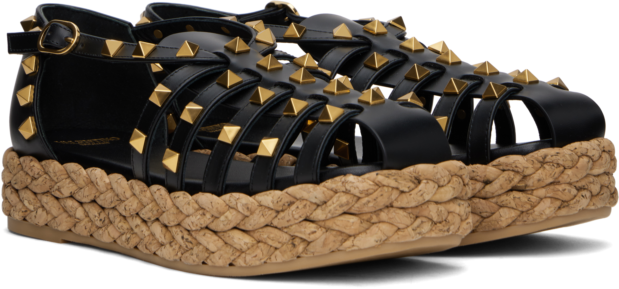 VALENTINO GARAVANI BLACK ROCKSTUD CORK SANDALS 