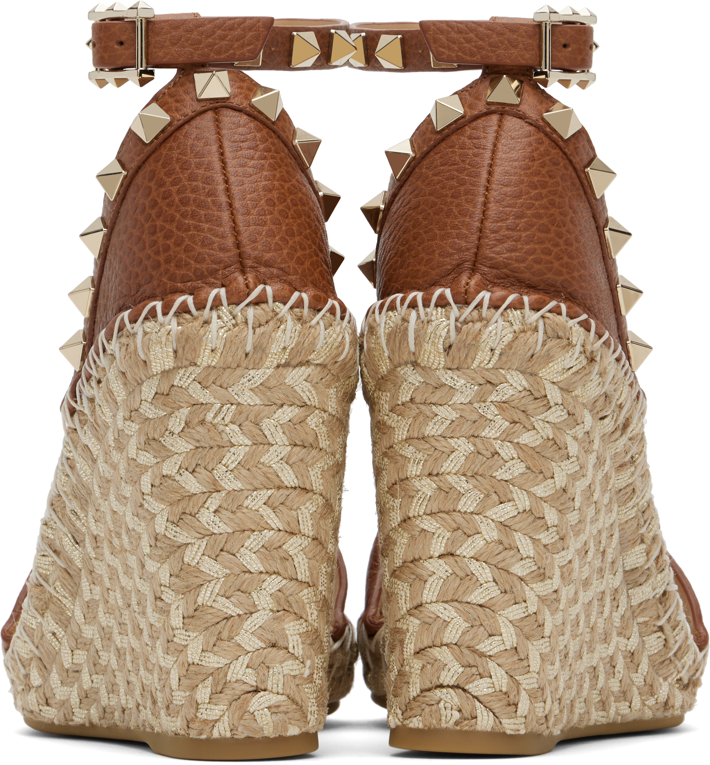 Shop Valentino Brown Double Rockstud Grainy Calfskin Heeled Sandals In 48l Selleria/natural