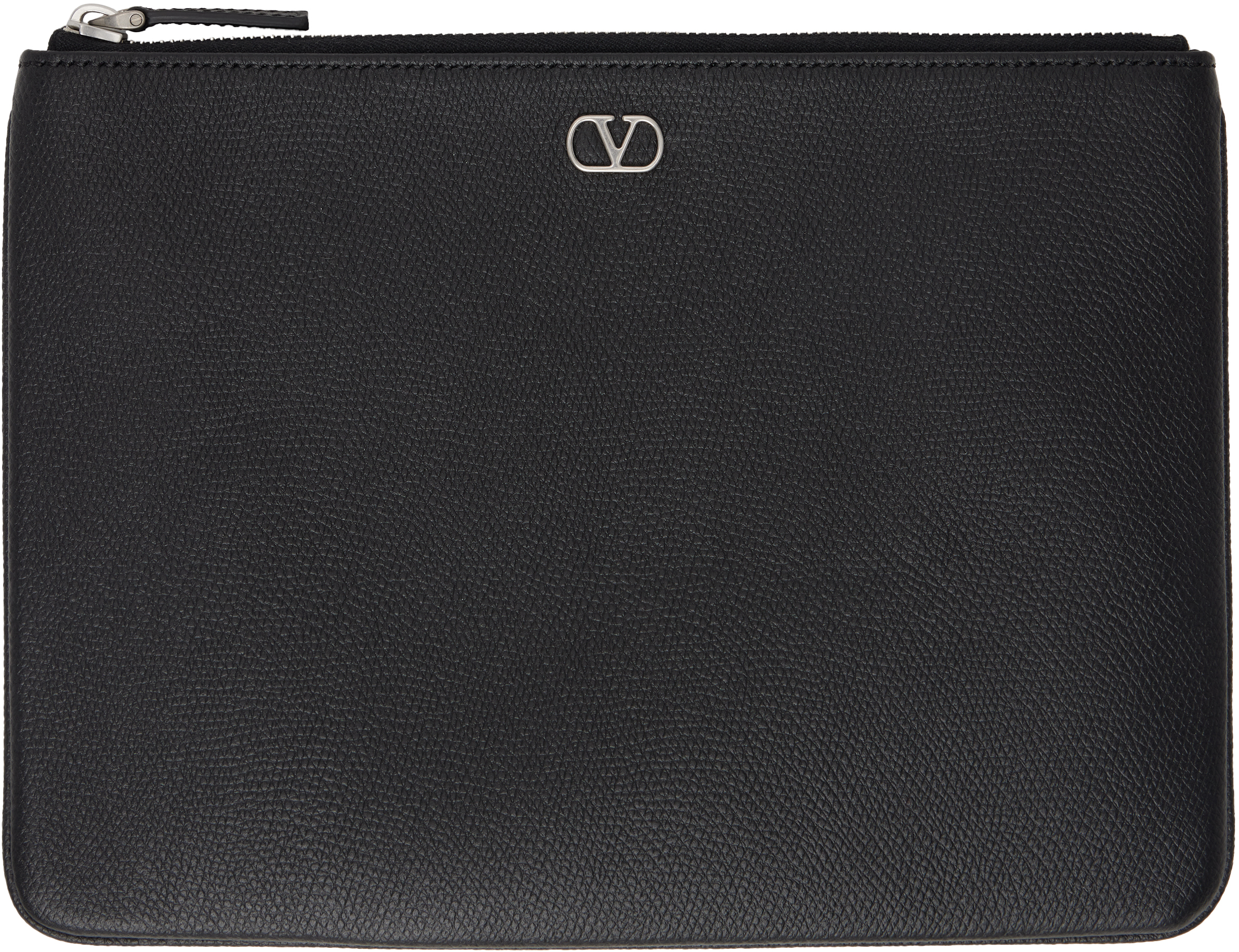 Black VLogo Signature Grainy Calfskin Pouch