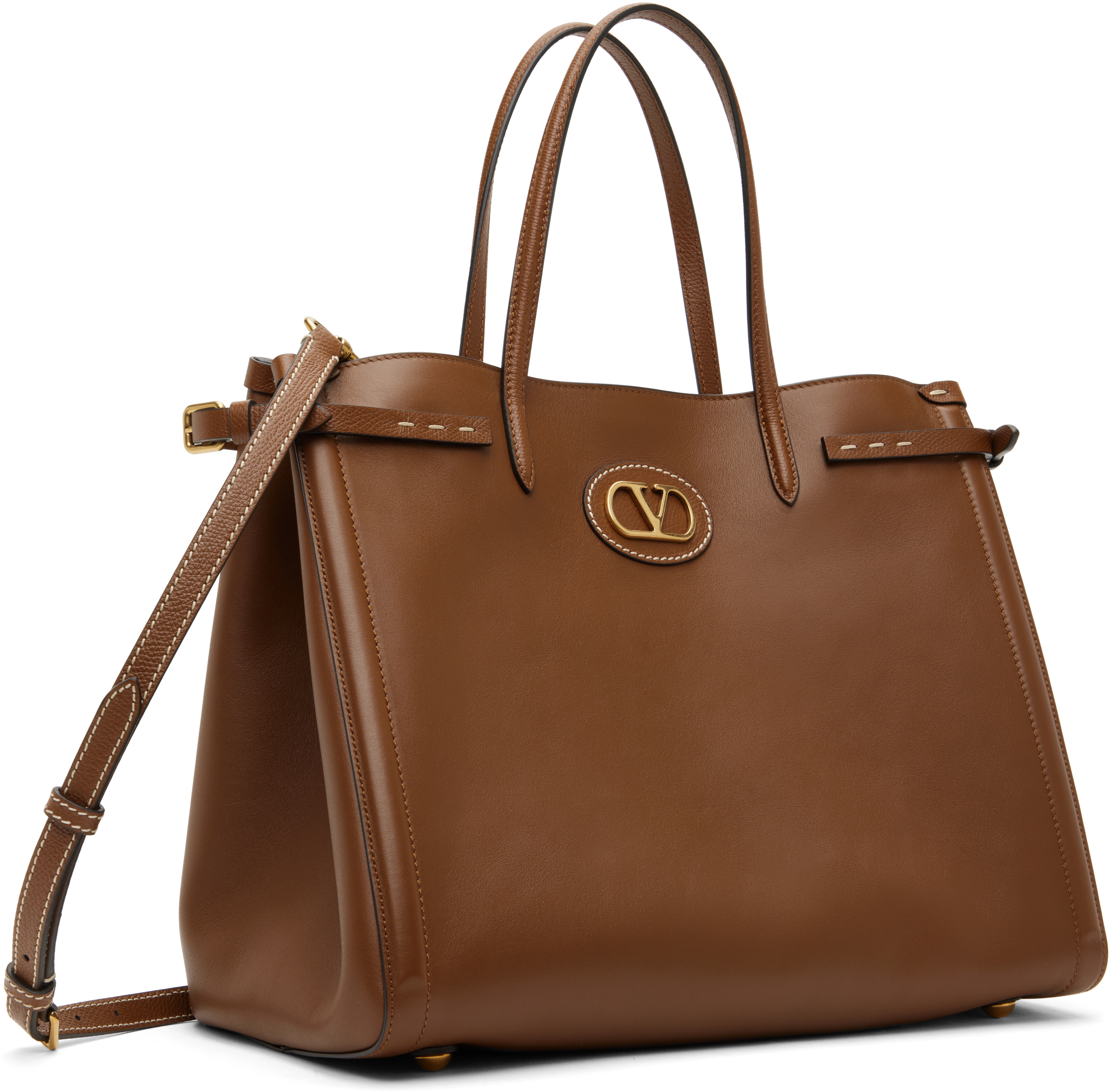 Valentino Brown Antibes Medium Calfskin Shopping Tote In N58 Tobacco