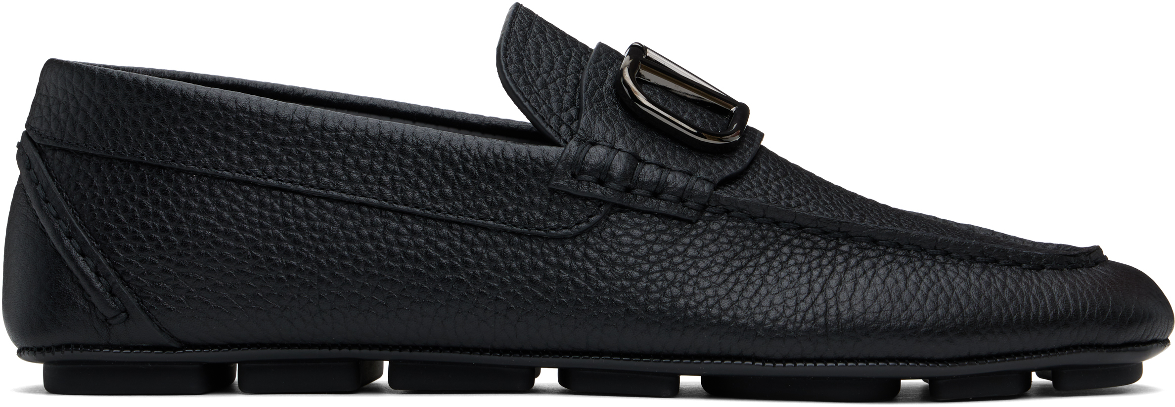 Valentino Garavani Black Vlogo Signature Grainy Calfskin Driving Loafers In 0no