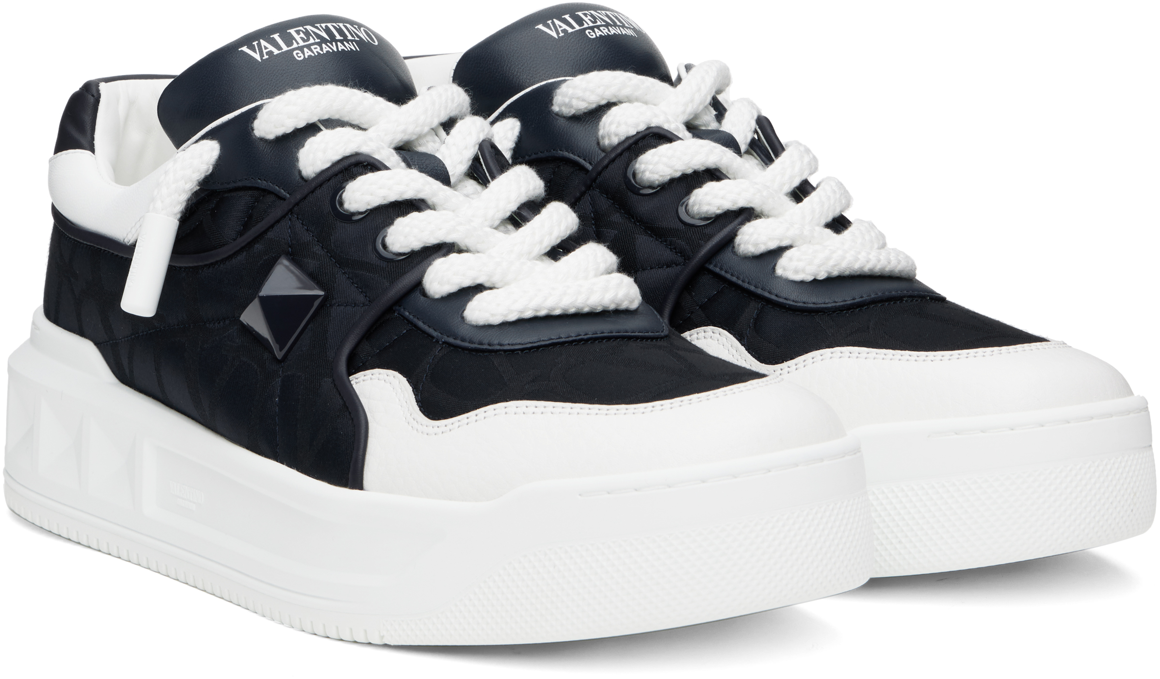 Valentino One Stud Xl Low-top Sneaker In Nappa Leather And Jacquard Toile Iconographe Technical Fabric In M48