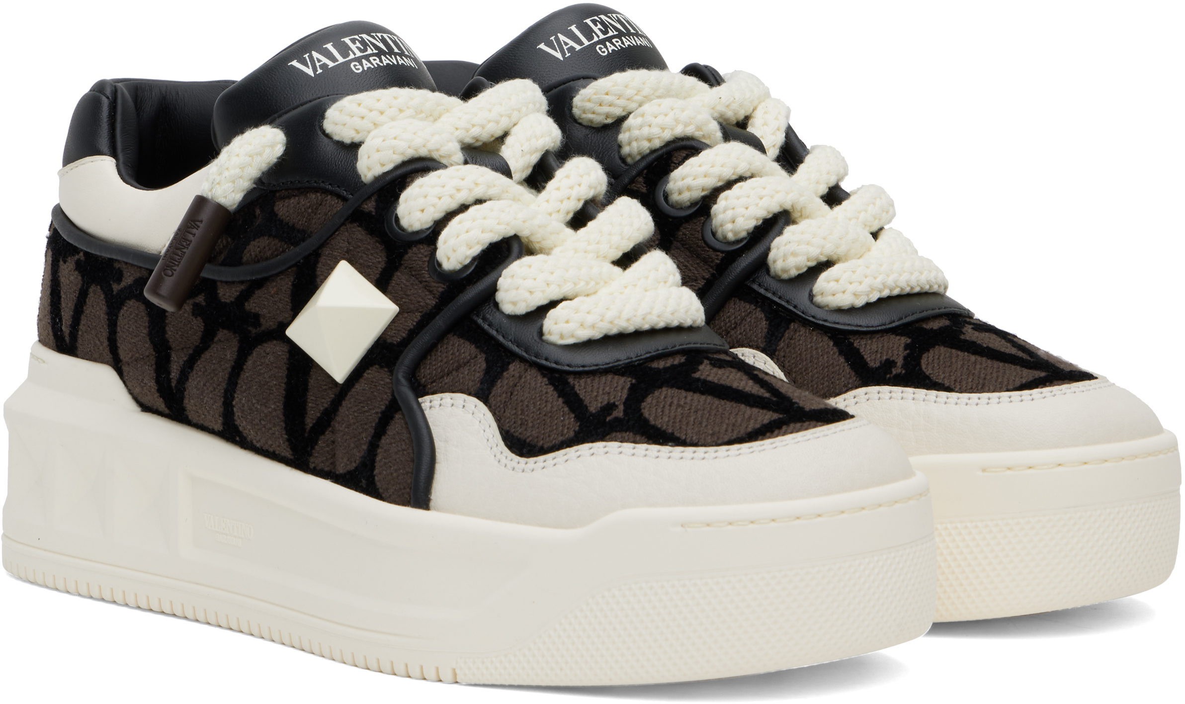 Valentino One Stud Xl Low-top Sneaker In Nappa Leather And Jacquard Toile Iconographe Technical Fabric In Kdc