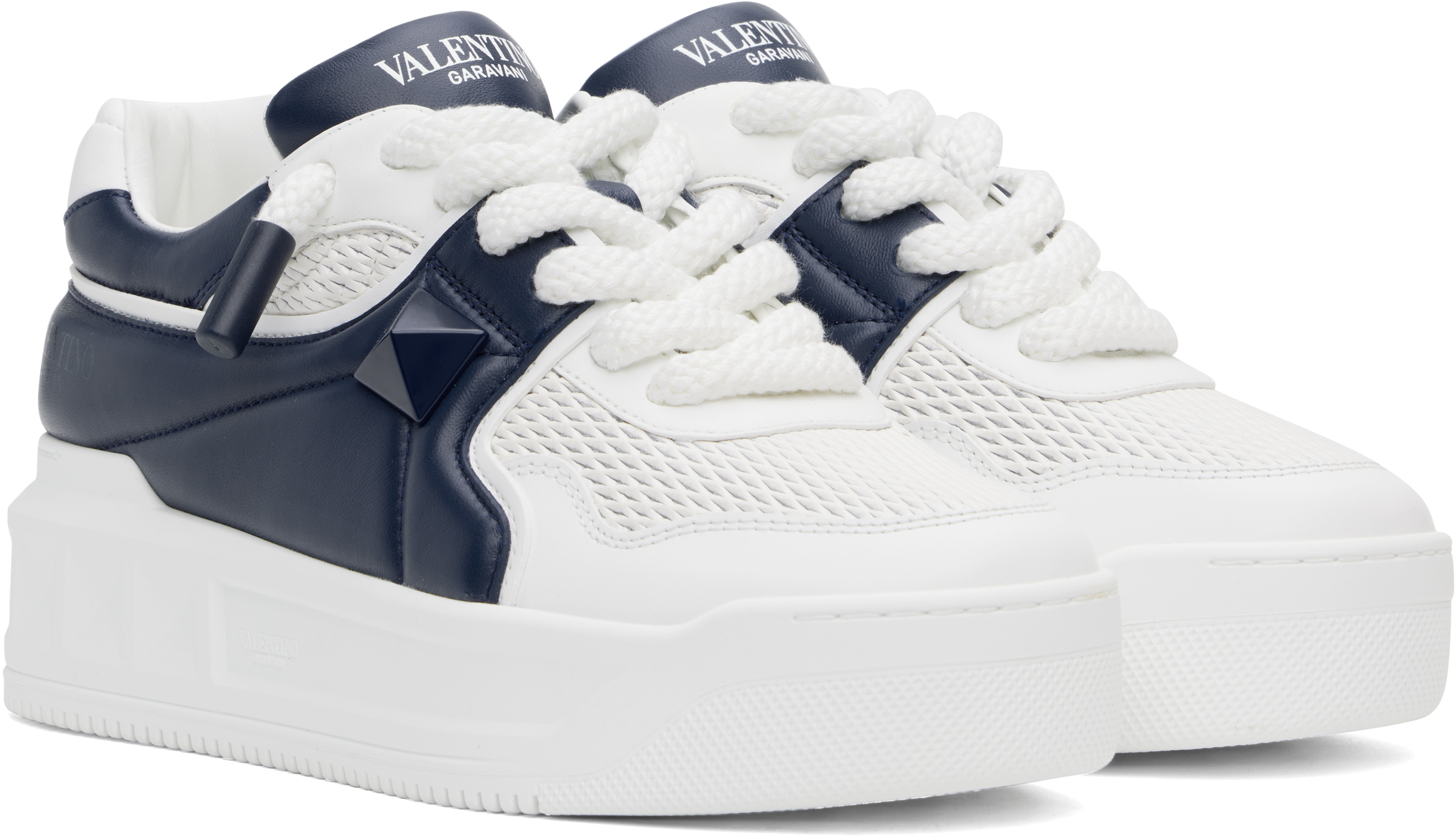 Valentino Two-tone Nappa Leather One Stud Sneakers In Fc6 Bianco/worker