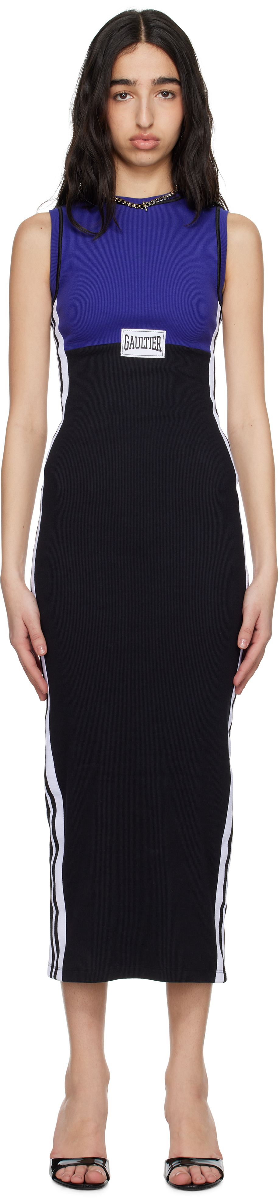 Shop Jean Paul Gaultier Navy & Black Cotton Ribbed Midi Dress In 5900-navy/black