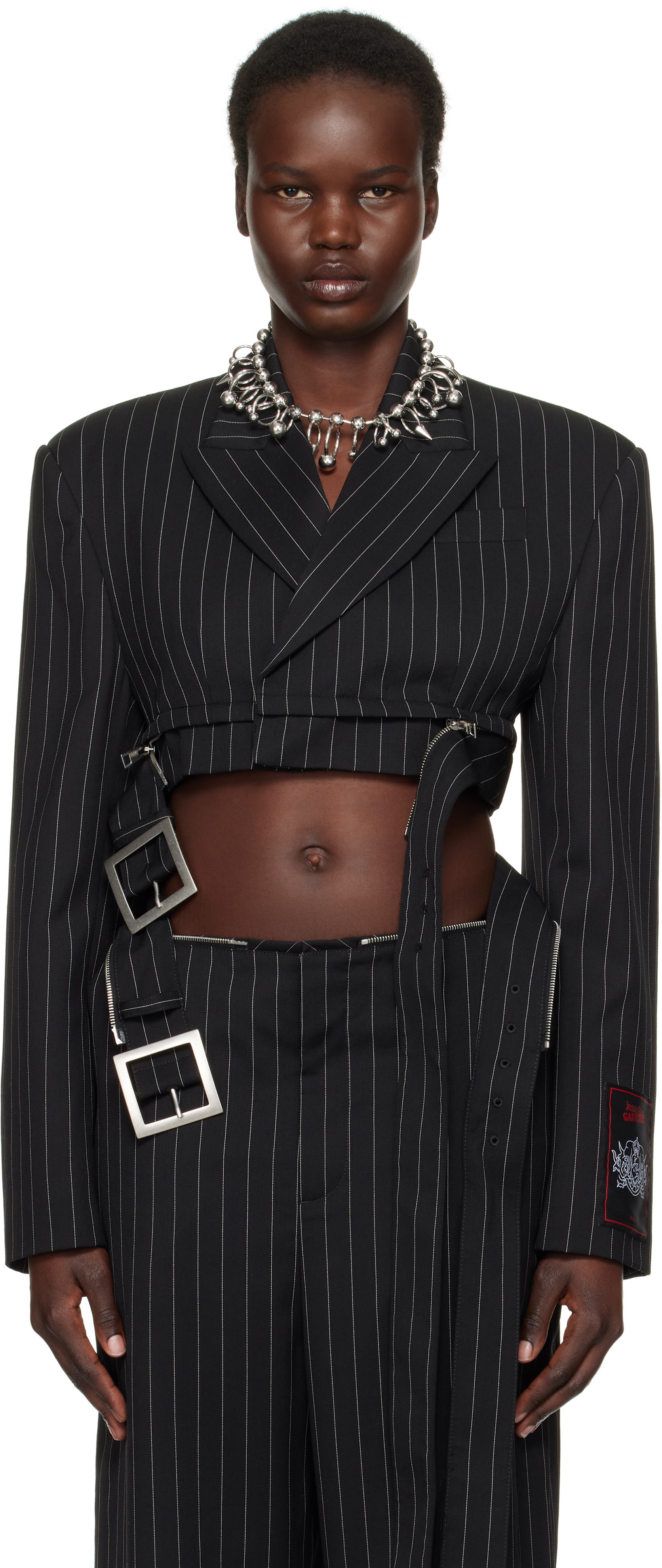 Black Pinstripe Wool Cropped Tailored Blazer