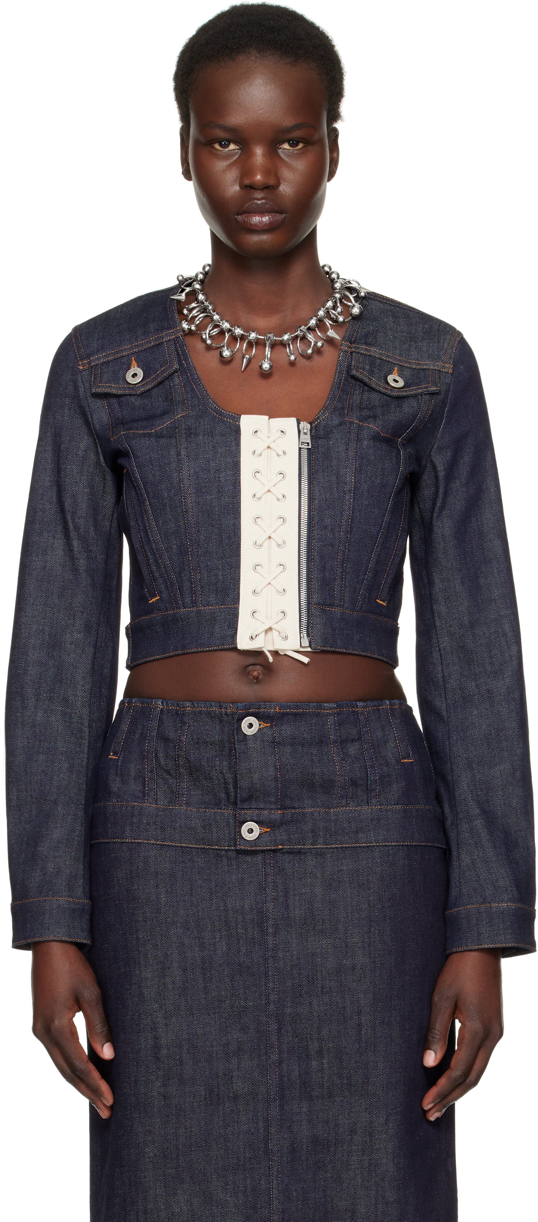 Jean’s Paul Gaultier denim jacket Rare Jean Paul Gaultier JPG Jeans Patchwork Pierced Chain