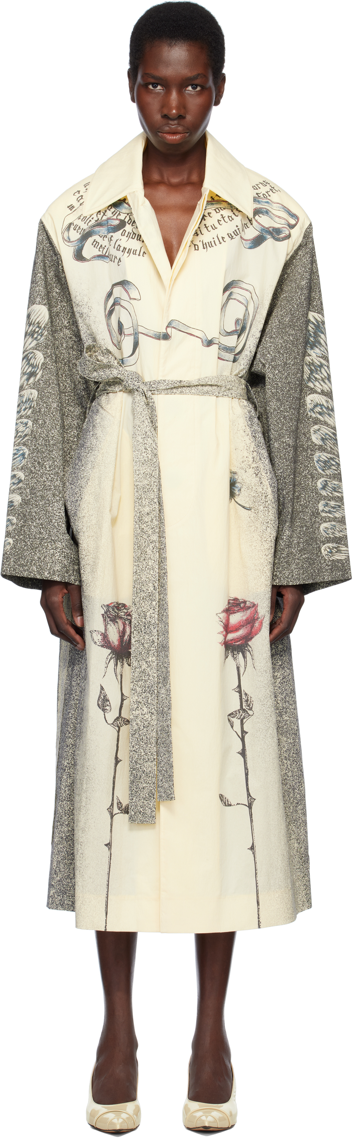 Jean Paul Gaultier Tattoo Printed Lightweight Trench Coat In 030030-ecru/black/re