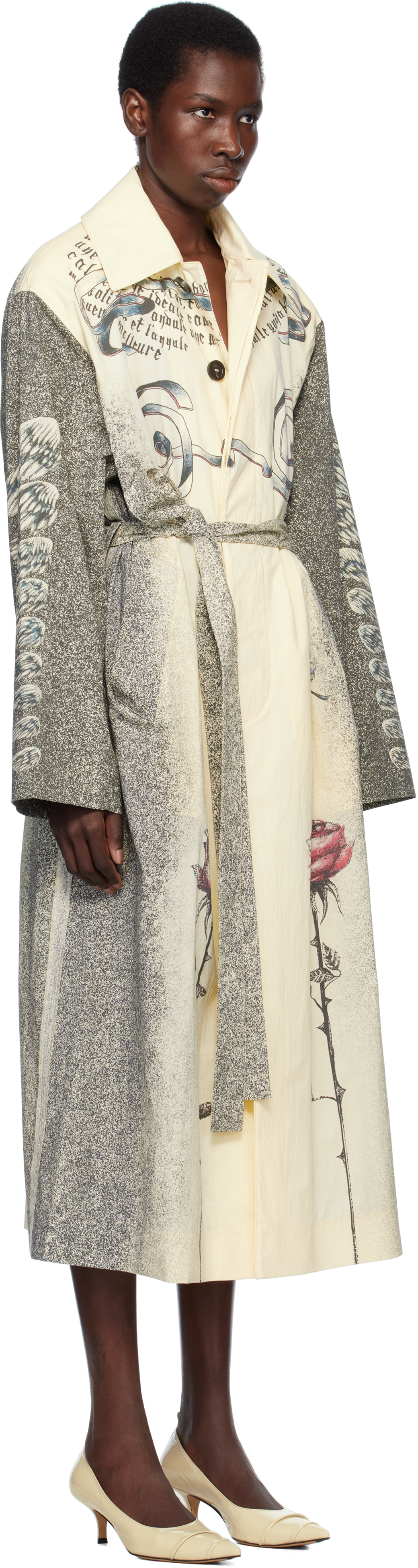 Jean Paul Gaultier Tattoo Printed Lightweight Trench Coat In 030030-ecru/black/re