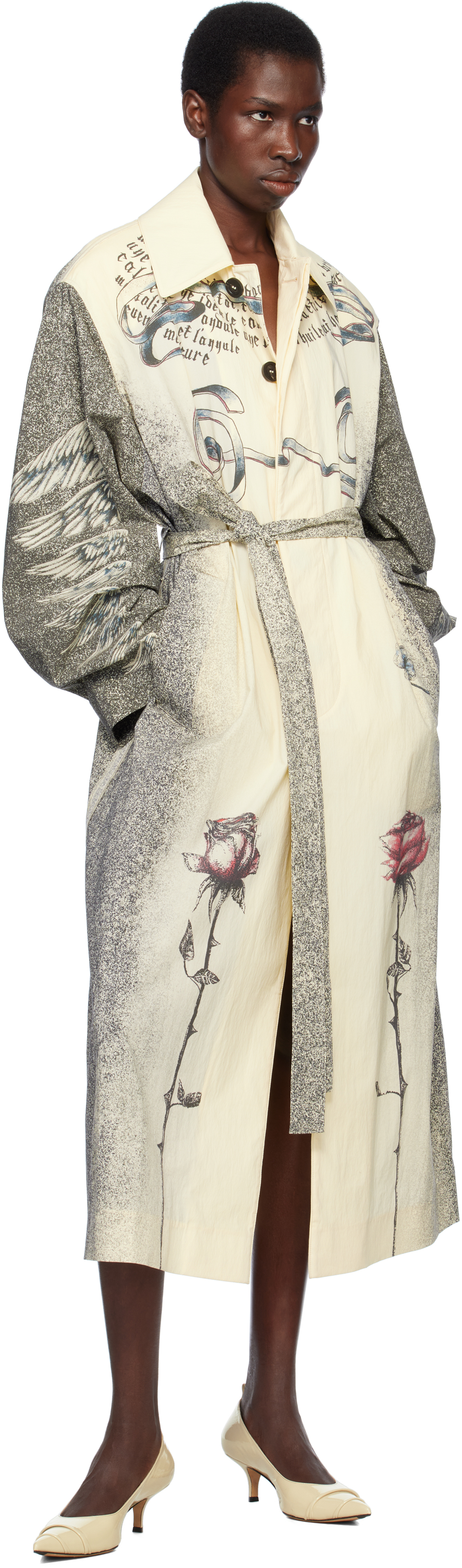 Jean Paul Gaultier Tattoo Printed Lightweight Trench Coat In 030030-ecru/black/re