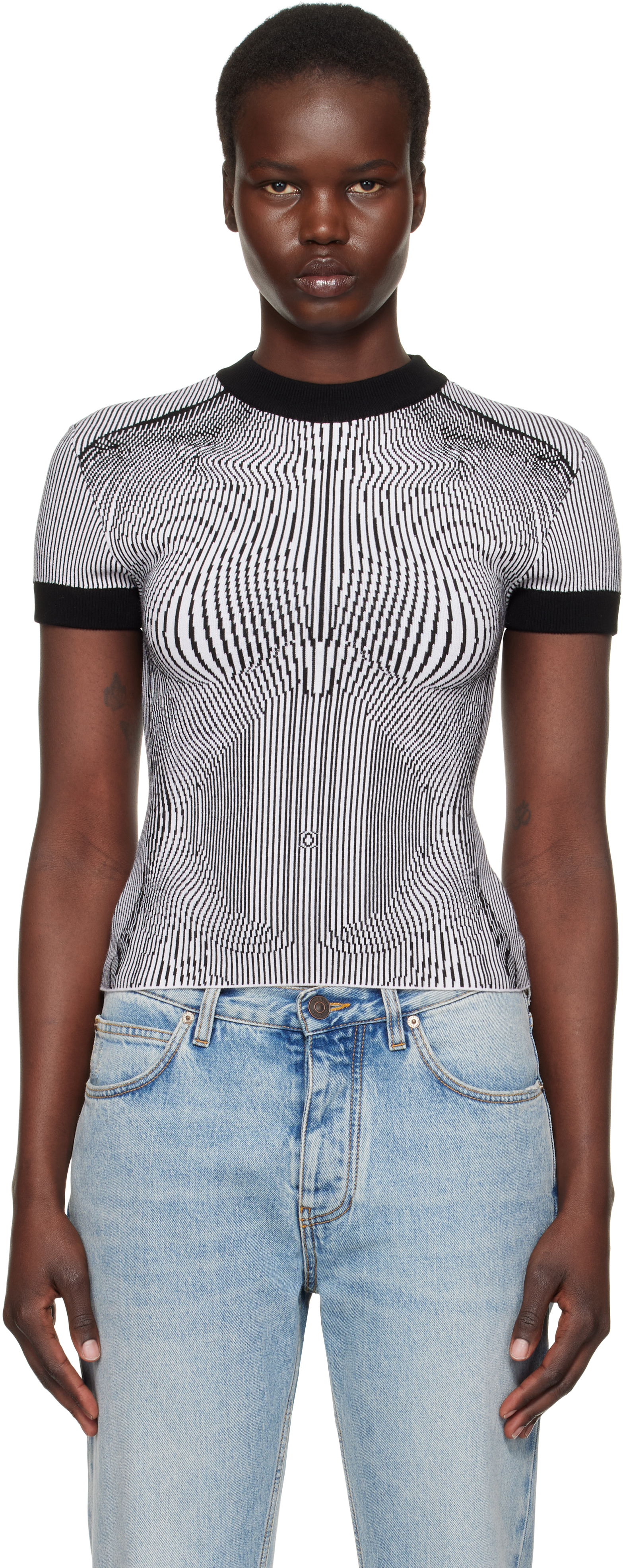 Black & White 'The Morphing Pinstripes Jacquard' T-Shirt