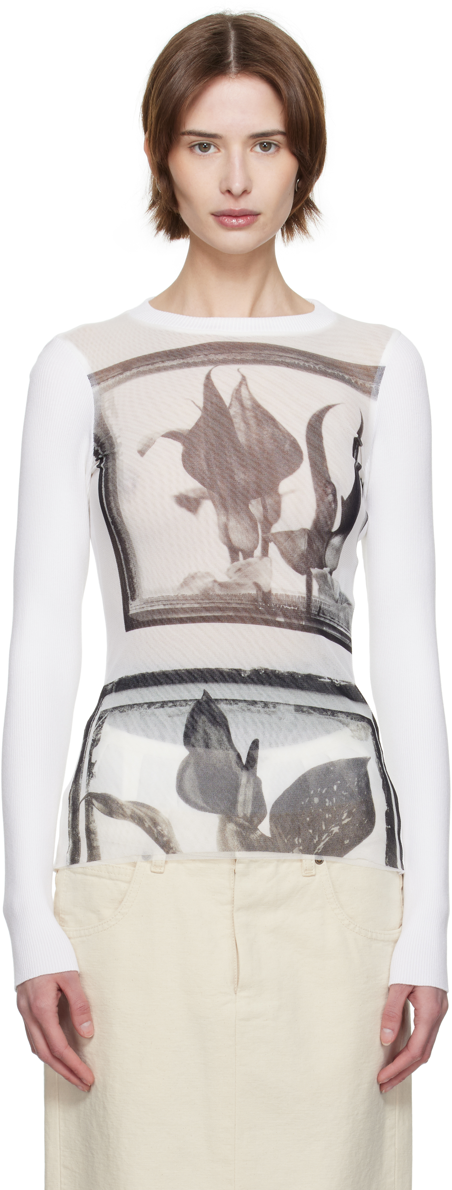 White Flowers Cadres T-shirt by Jean Paul Gaultier on Sale