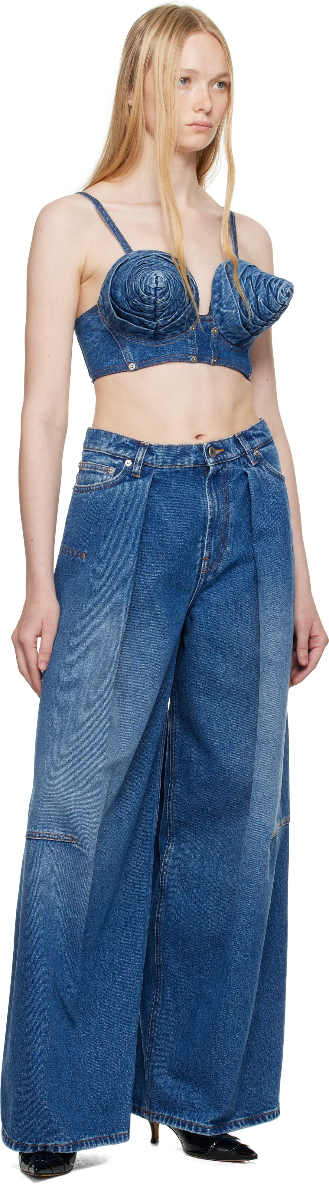 Shop Jean Paul Gaultier Blue 'the Denim Conical Cup Bra' Top In 57-vintageblue