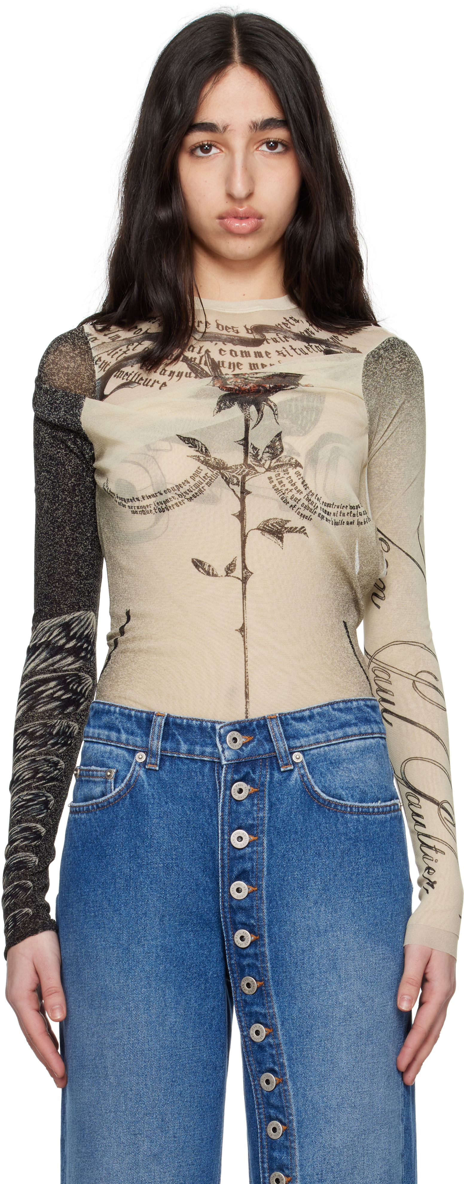 Jean Paul Gaultier Tattoo Print Cutout Double Layer Mesh Thong Bodysuit In 030030-ecru/black/re