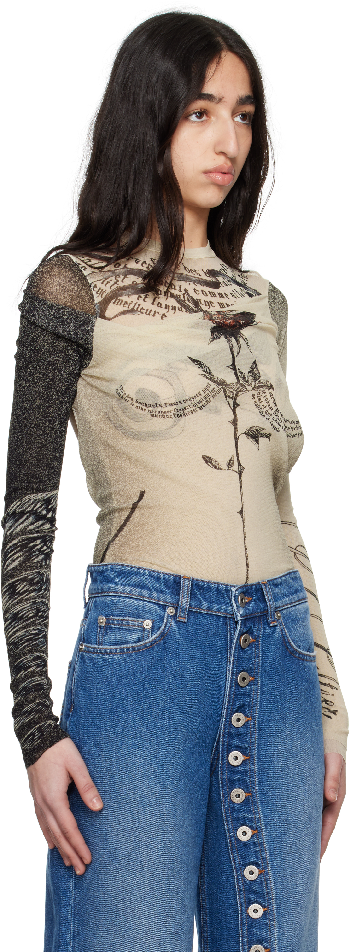 Jean Paul Gaultier Tattoo Print Cutout Double Layer Mesh Thong Bodysuit In 030030-ecru/black/re