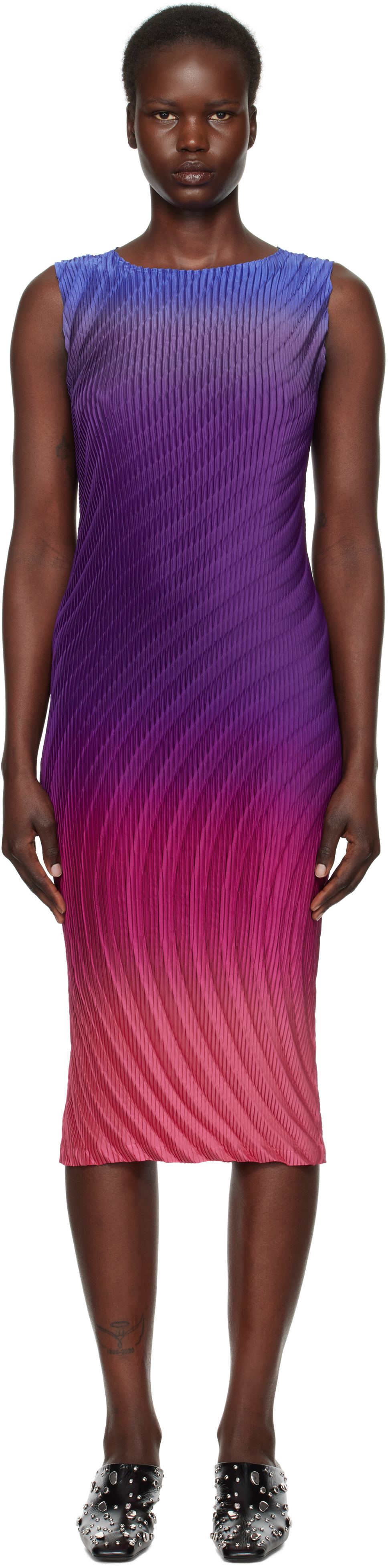 Purple & Pink Nuance Pleats Midi Dress