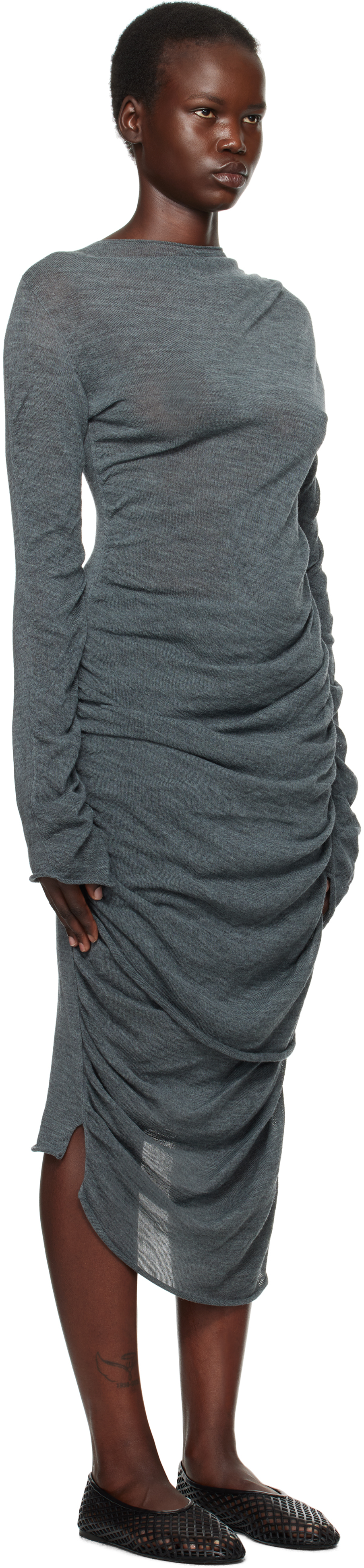 ISSEY MIYAKE GRAY AMBIGUOUS WOOL MIDI DRESS