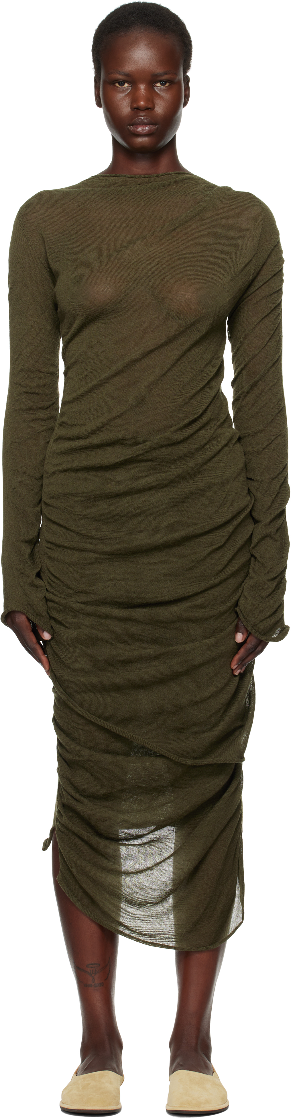 Issey Miyake Green Ambiguous Wool Midi Dress In 68 Misty Green