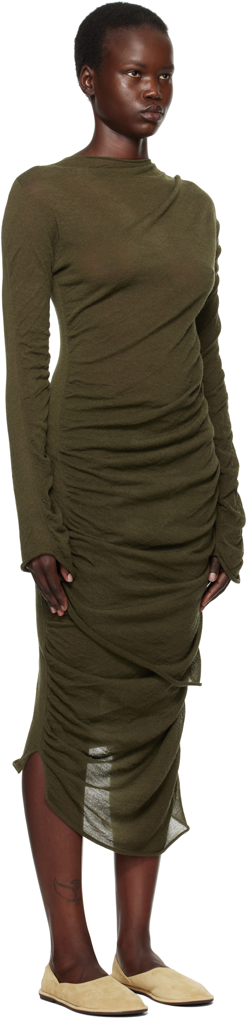 Issey Miyake Green Ambiguous Wool Midi Dress In 68 Misty Green